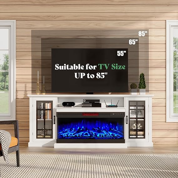 AMERLIFE 75in 3-Sided Glass Fireplace TV Stand for TVs up to 85