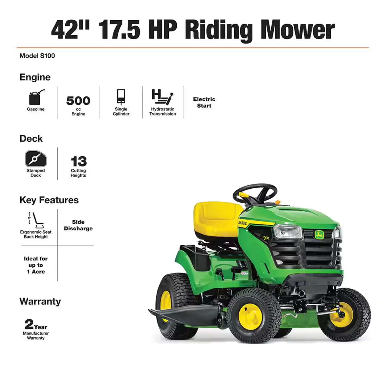 John Deere S100 42 in. 17.5 HP Gas Hydrostatic Riding Lawn Mower