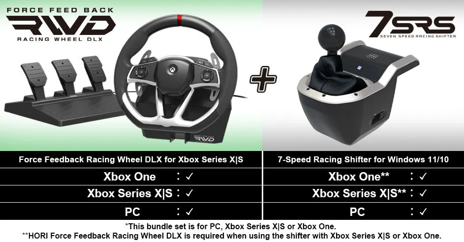 HORI - Force Feedback Racing Wheel DLX   + 7-Speed Racing Shifter Bundle For Xbox Series X - S. Xbox One and PC (Windows 11/10)