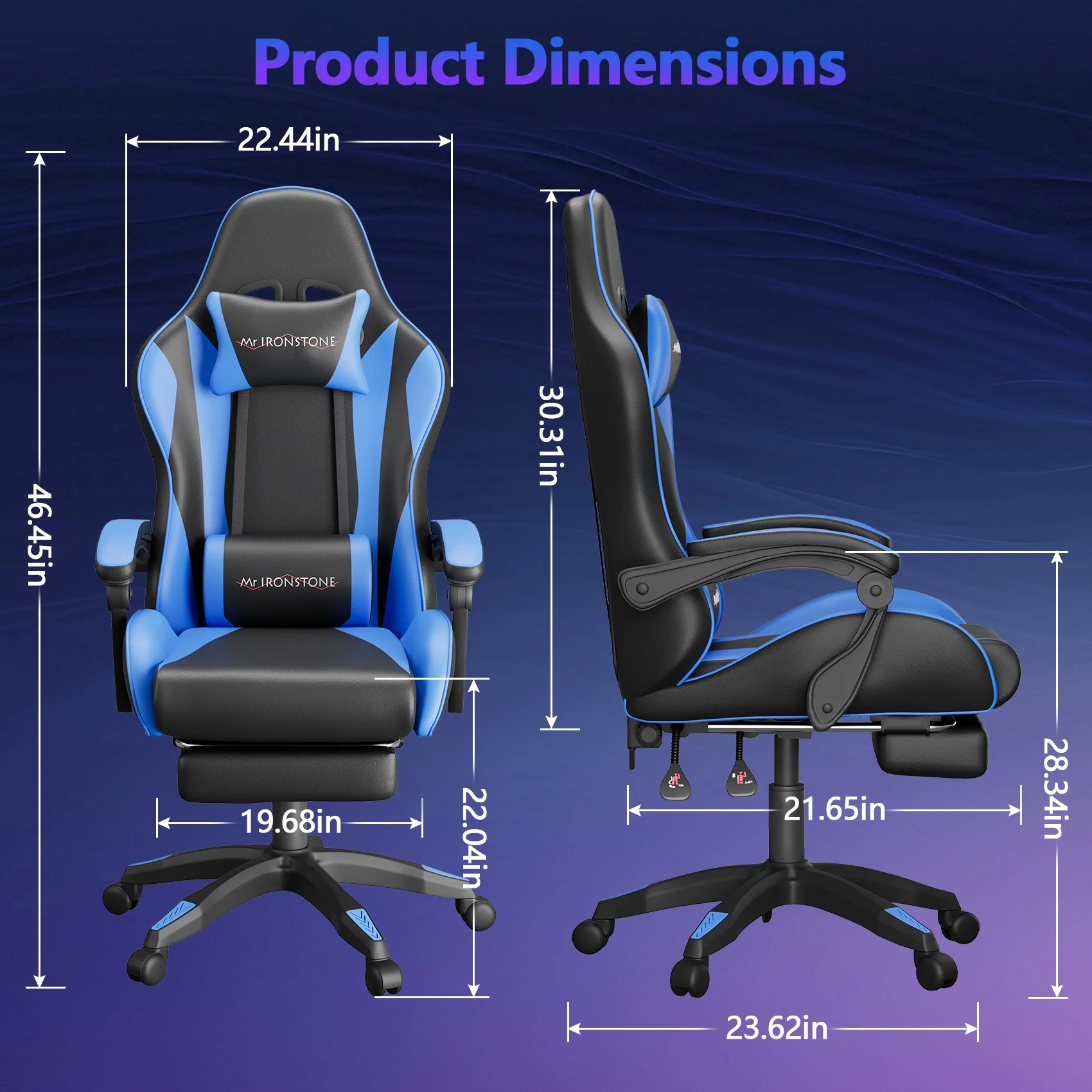Mr IRONSTONE Office Gaming Chair with Footrest & Lumbar Support, Ergonomic Adjustable Computer Chair with Swivel Seat & Headrest, Blue