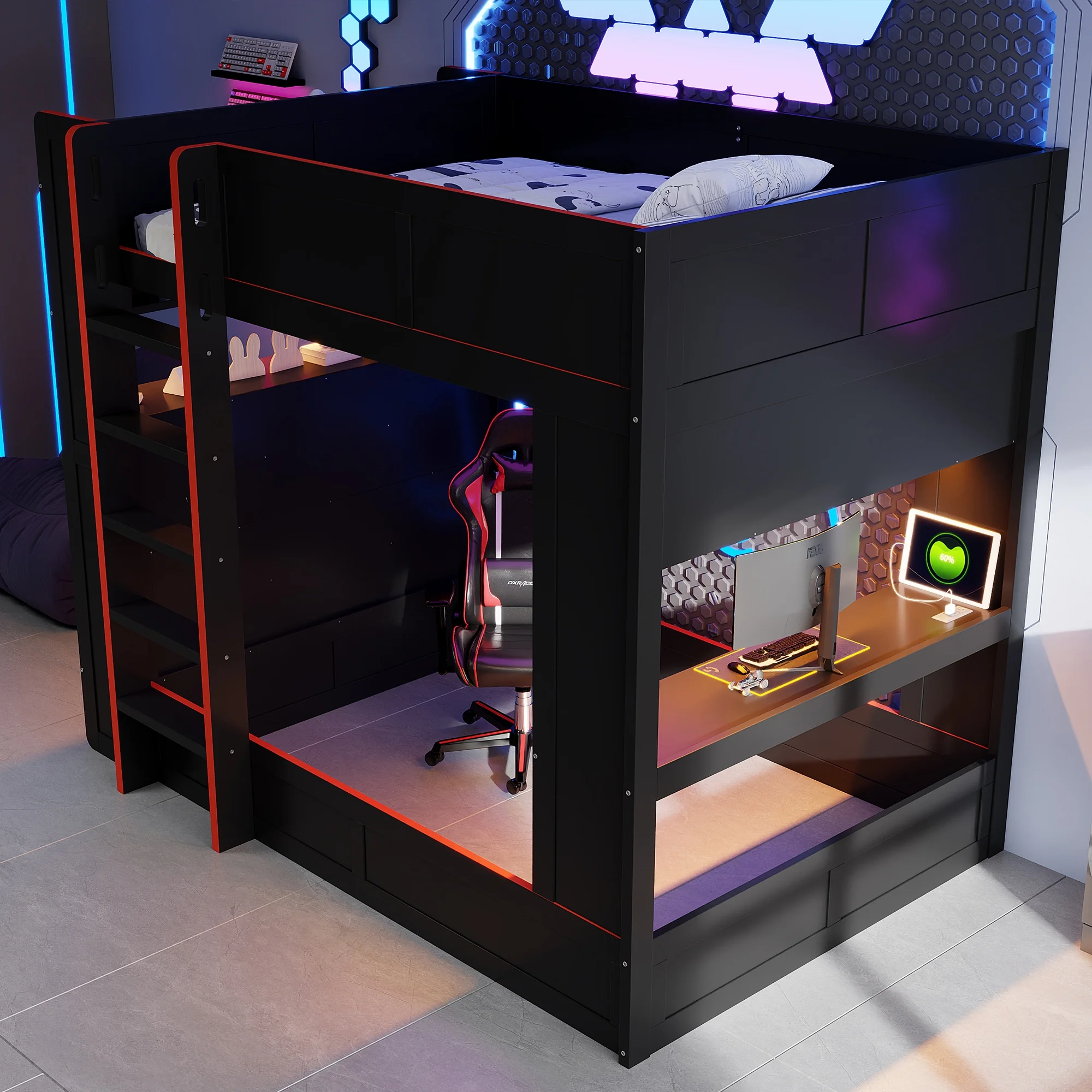 Euroco Wood Full Size Loft Bed with Desk and Shelves, Gaming Bunk Bed with LED Light and USB Charging, Black