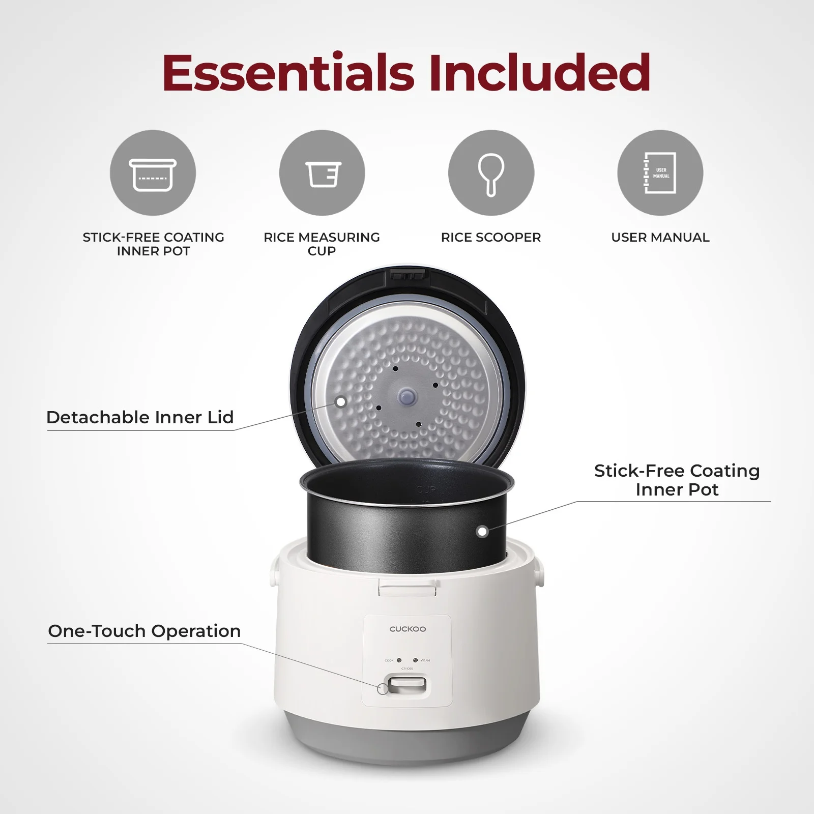 Cuckoo Rice Cooker 20 Cups Cooked Warmer with Nonstick Pot Easy Switch Start White (CR-1095)