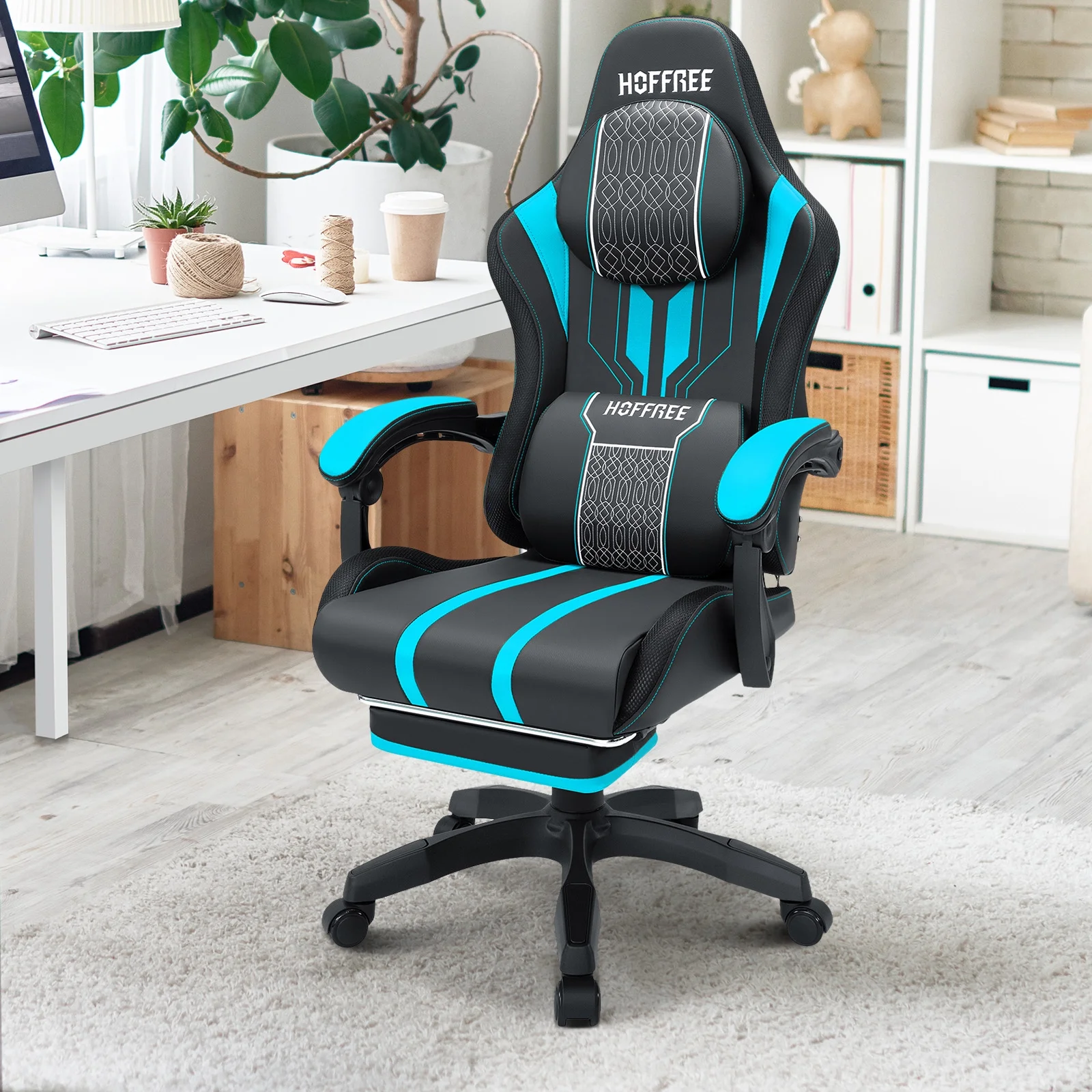 Hoffree Gaming Chair with Bluetooth Speakers Big and Tall Gamer Chair with Footrest and Massage Game Chair with Lumbar Support and 360-Swivel Seat and Headrest for Adults, 400lbs