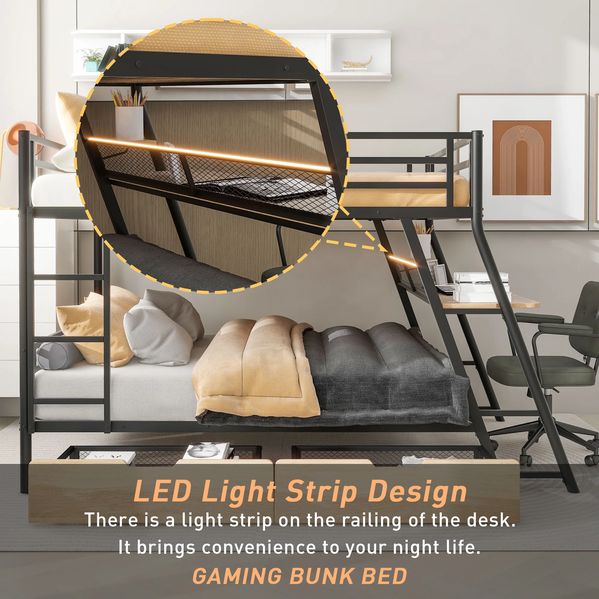 Kumix Gaming Bunk Bed with Desk, LED Light, Full over Full Bunk Bed with 2 Drawers, Ladder and Full Length Guardrail for Teens and Adults, Metal Full Size Bunk Bed Frame for Bedroom, Black