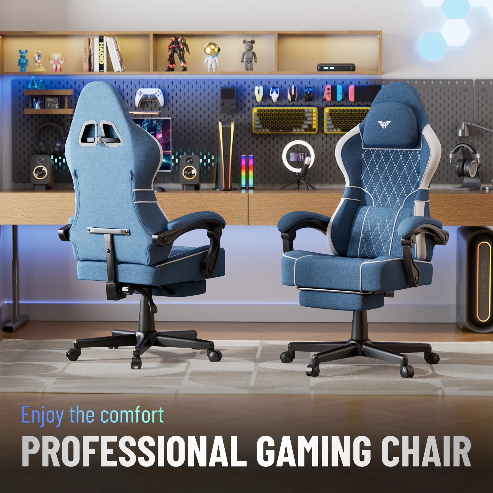 SOONTRANS Gaming Chair for Adults, Velvet Fabric High Back Comfortable Video Game Chair with Footrest and Massage Lumbar Cushion, Racing Computer Desk Chair, Ergonomic Gamer Chair, Black/Grey