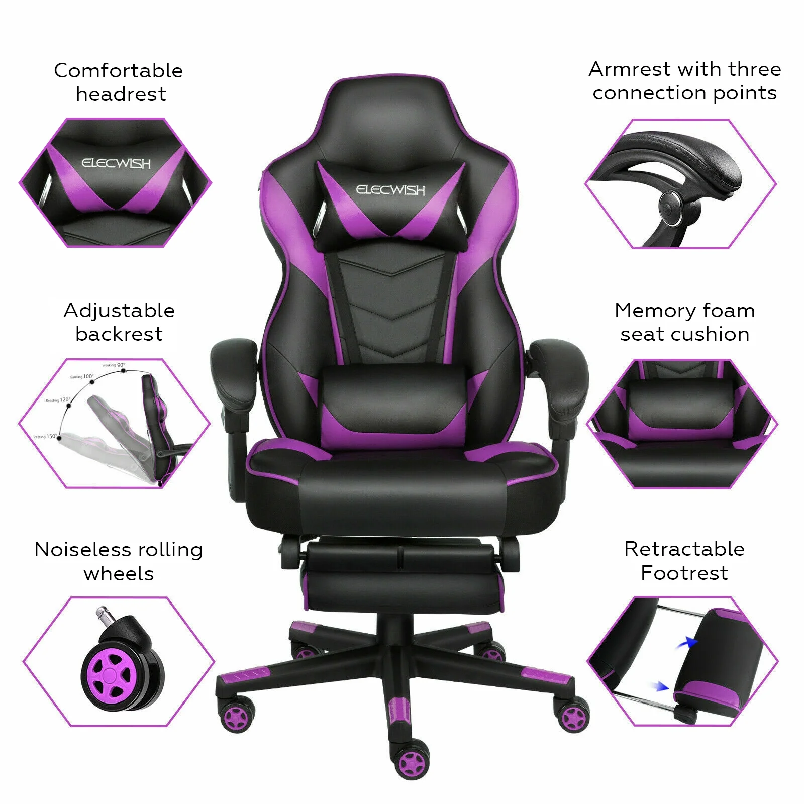 Elecwish Adjustable & Ergonomic Swivel Gaming Chair, White