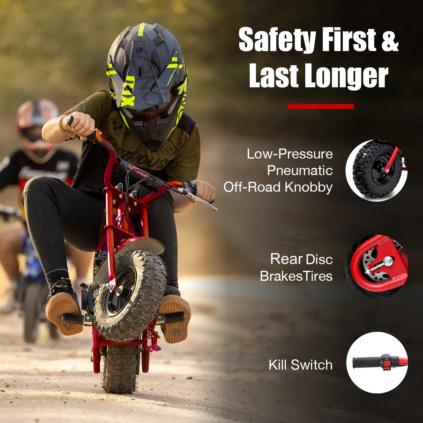 FRP 50cc Gas Dirt Bike - Red Mini Motorcycles for Young Riders, Gas Powered Mini Bike with Safety Kill Switch, Tubeless Tires, Easy Pull Start, and EPA Approved (Red)