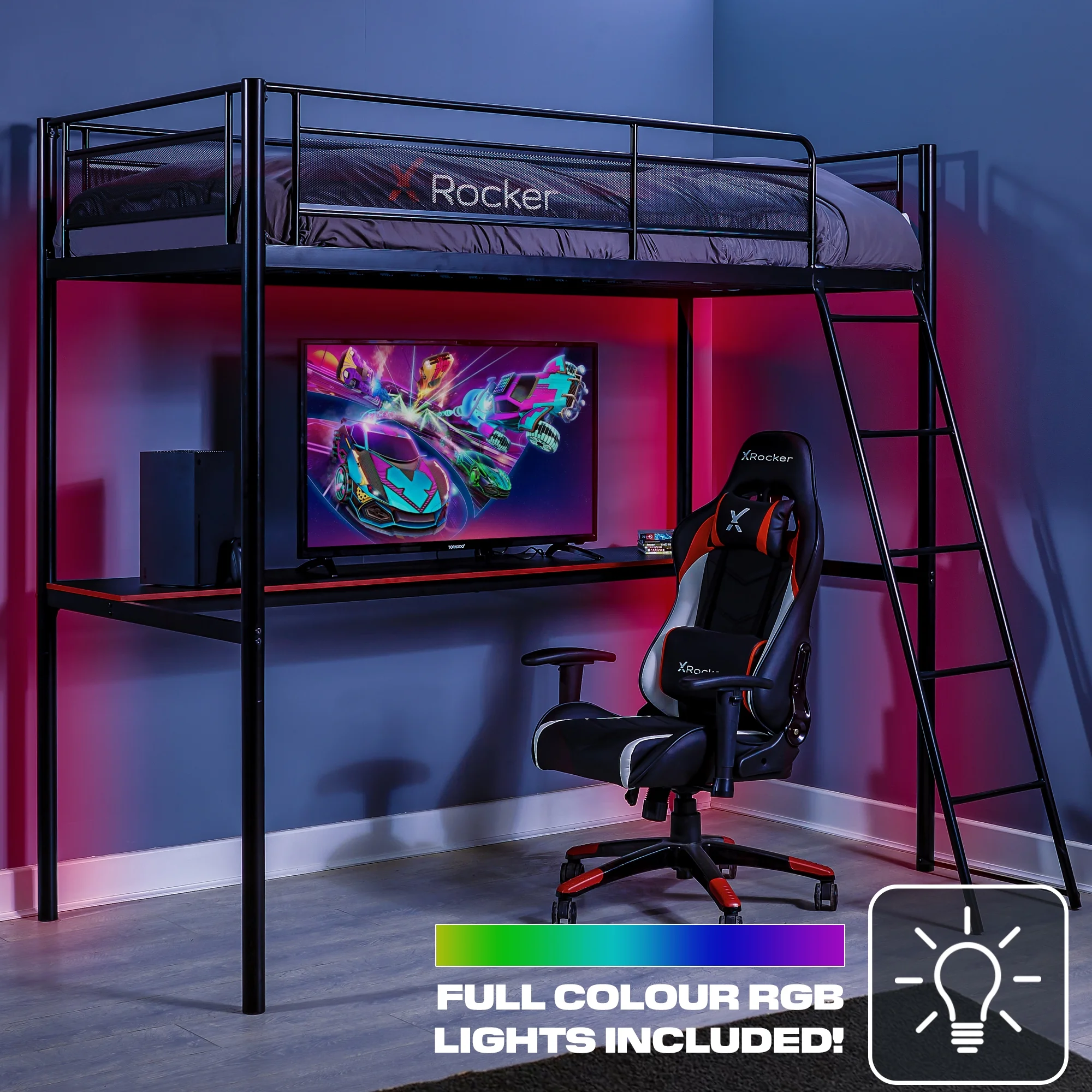 X Rocker HQ Gaming Bunk Bed with LED Lighting, Black, Twin