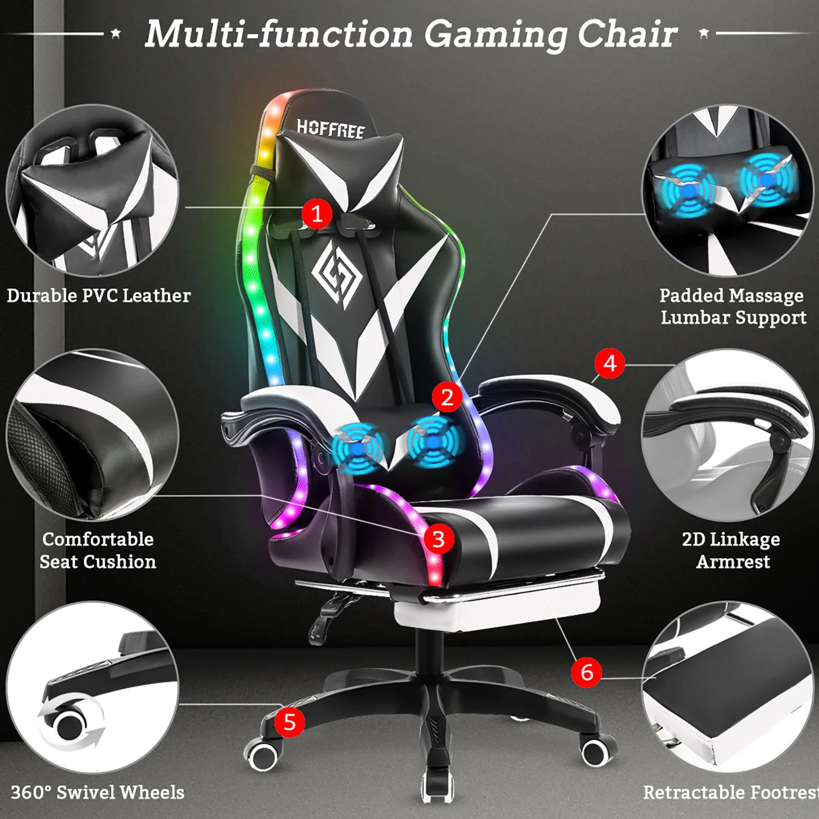 Hoffree Gaming Chair with Speakers PU Leather Office Chair with Footrest and LED Lights Ergonomic Gamer Chair with Massage Lumbar Support and Headrest Adjustable Swivel for Home Office 300lb