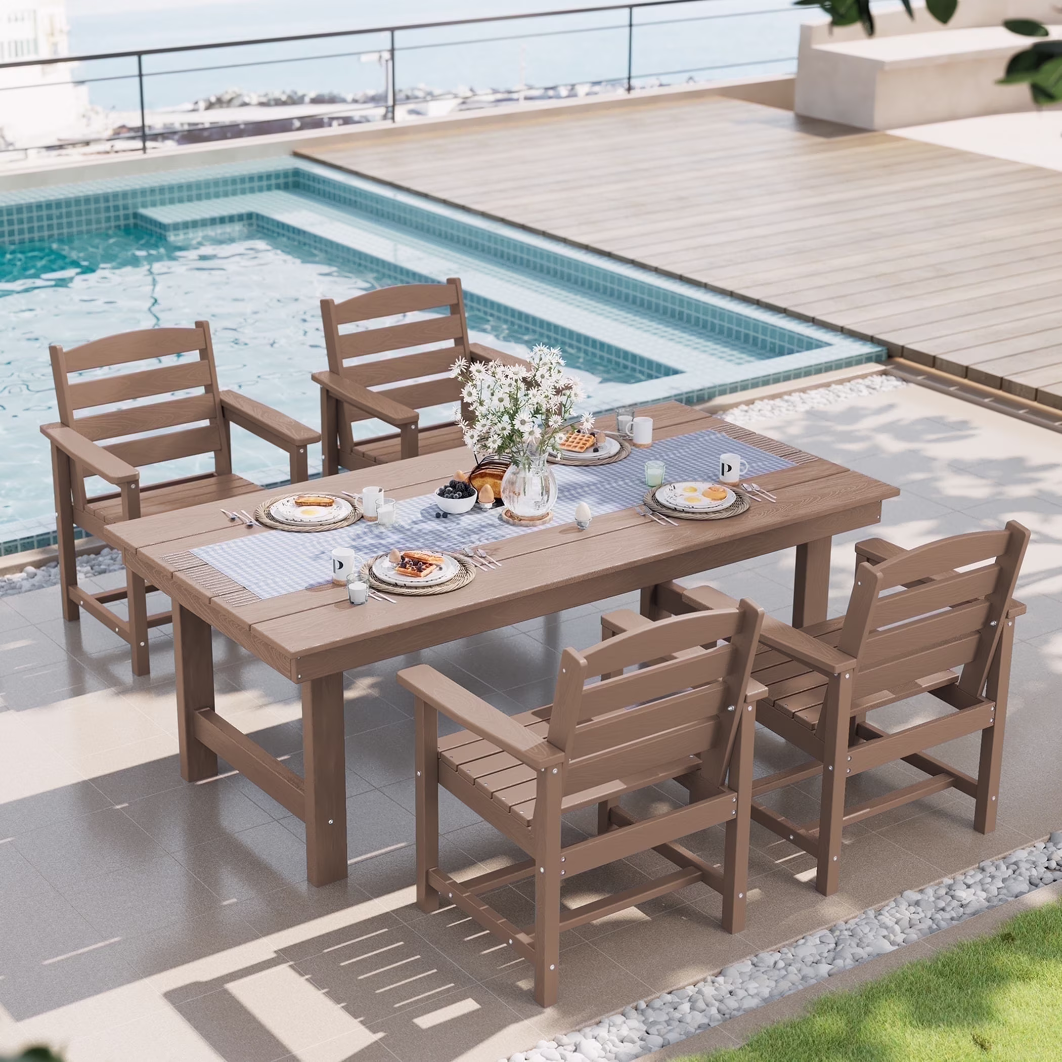 SERWALL Outdoor HDPE Dining Table Set, 7-Piece Outdoor Dining Table Sets with Umbrella Hole, Grey