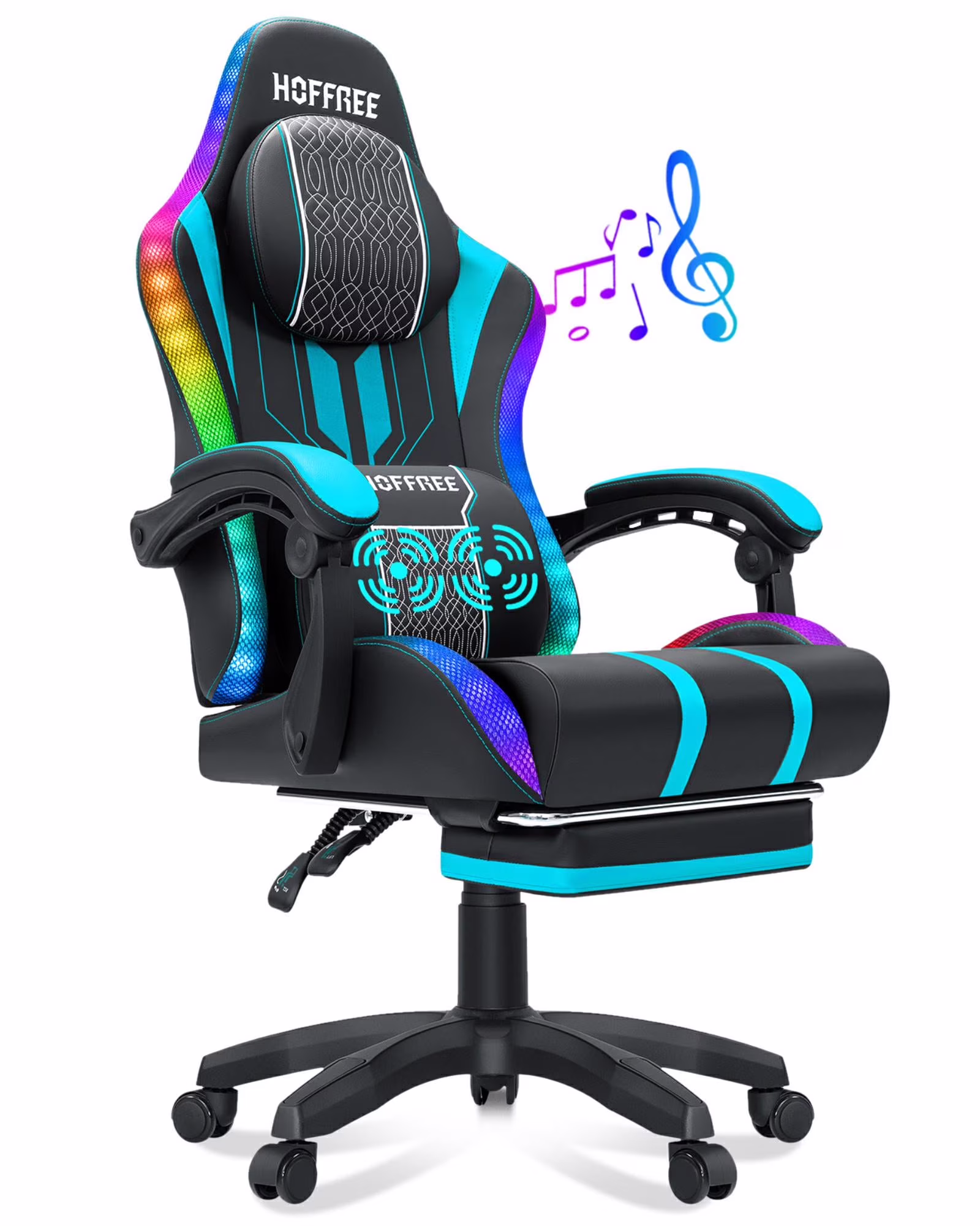 HOFFREE Big and Tall Gaming Chair with Speakers and RGB Lights, Gamer Chair with Footrest, Lumbar Support Height Adjustable 360-Swivel Seat and Headrest for Adults, 400lbs