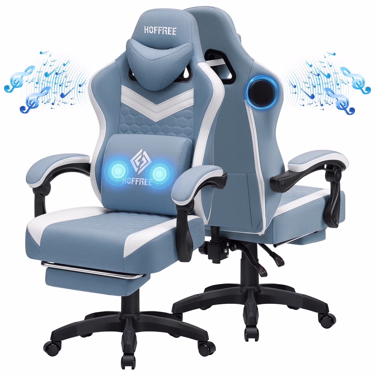 Hoffree Gaming Chair with Speakers Fabric Gamer Chair with footrest and massage Big and Tall Video Game Chair with Headrest and Lumbar Support for Adults