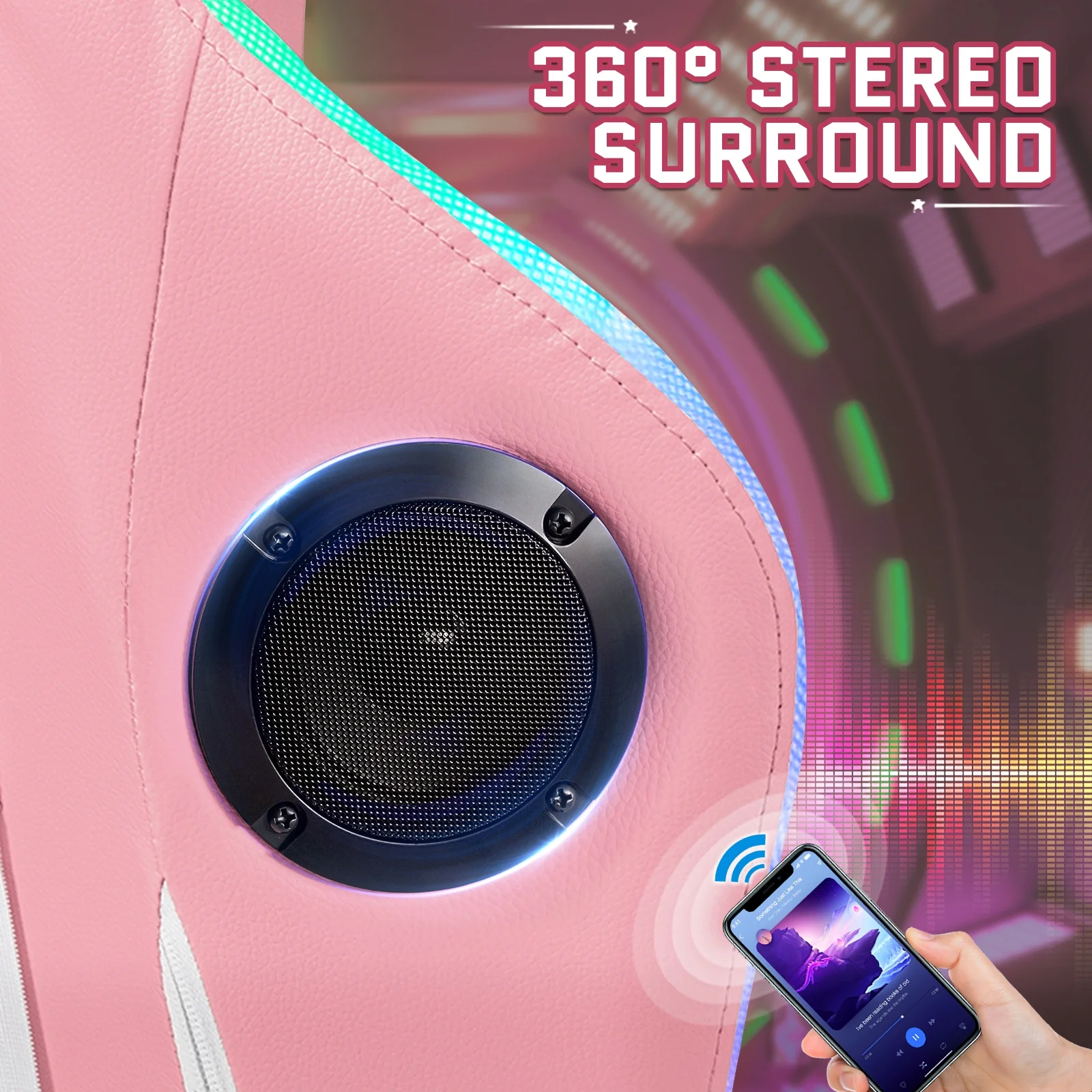 Hoffree Gaming Chair with Speakers PU Leather Office Chair with Footrest and LED Lights Ergonomic Gamer Chair with Massage Lumbar Support and Headrest Adjustable Swivel for Home Office 300lb