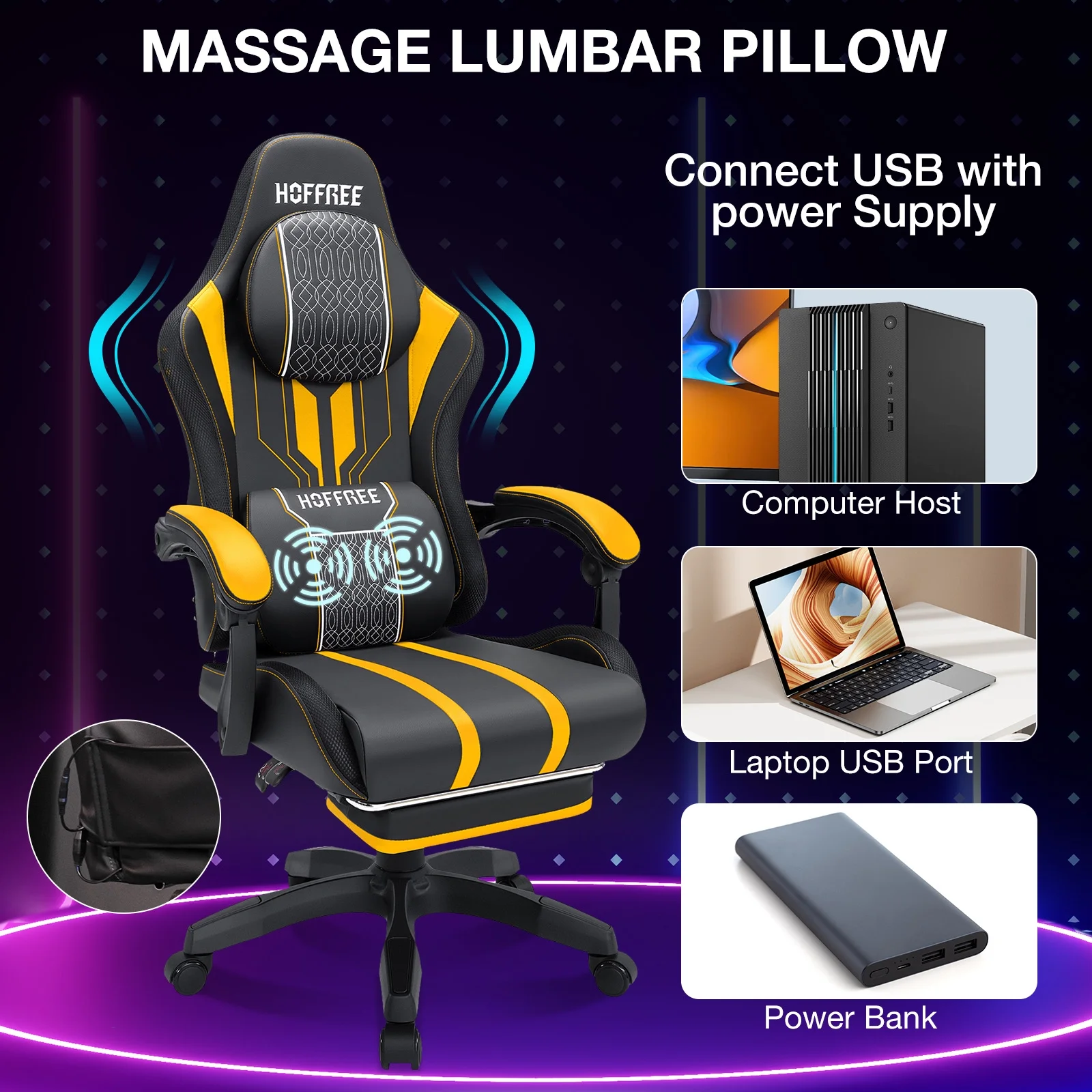 HOFFREE Big and Tall Gaming Chair with Speakers and RGB Lights, Gamer Chair with Footrest, Lumbar Support Height Adjustable 360-Swivel Seat and Headrest for Adults, 400lbs