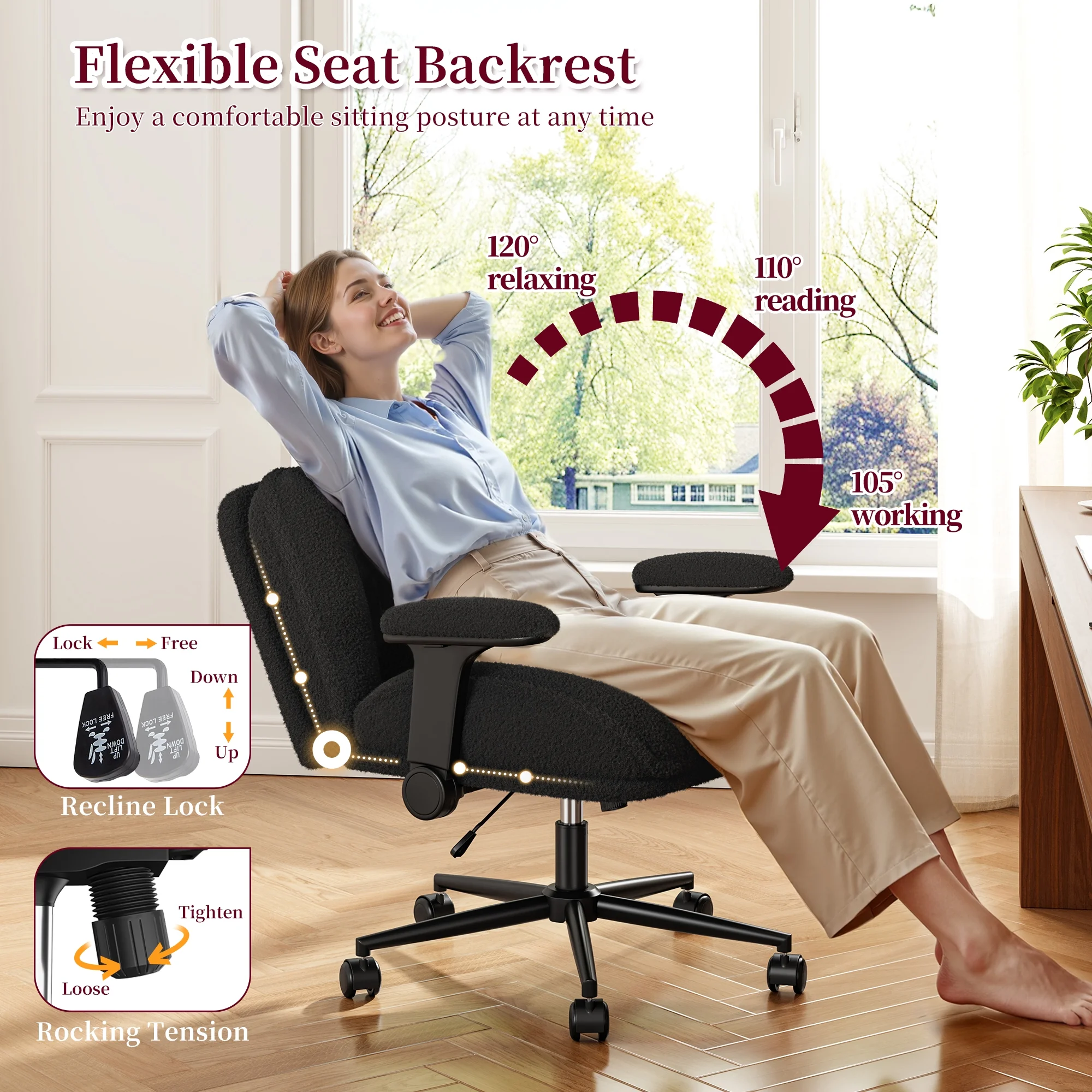 Romorgniz Criss Cross Chair with Adjustable Arms & Lumbar Support Office Chair with Reclining Back, Thick Cushion & Wheels for Office, Gaming, Reading, Vanity, Off-White