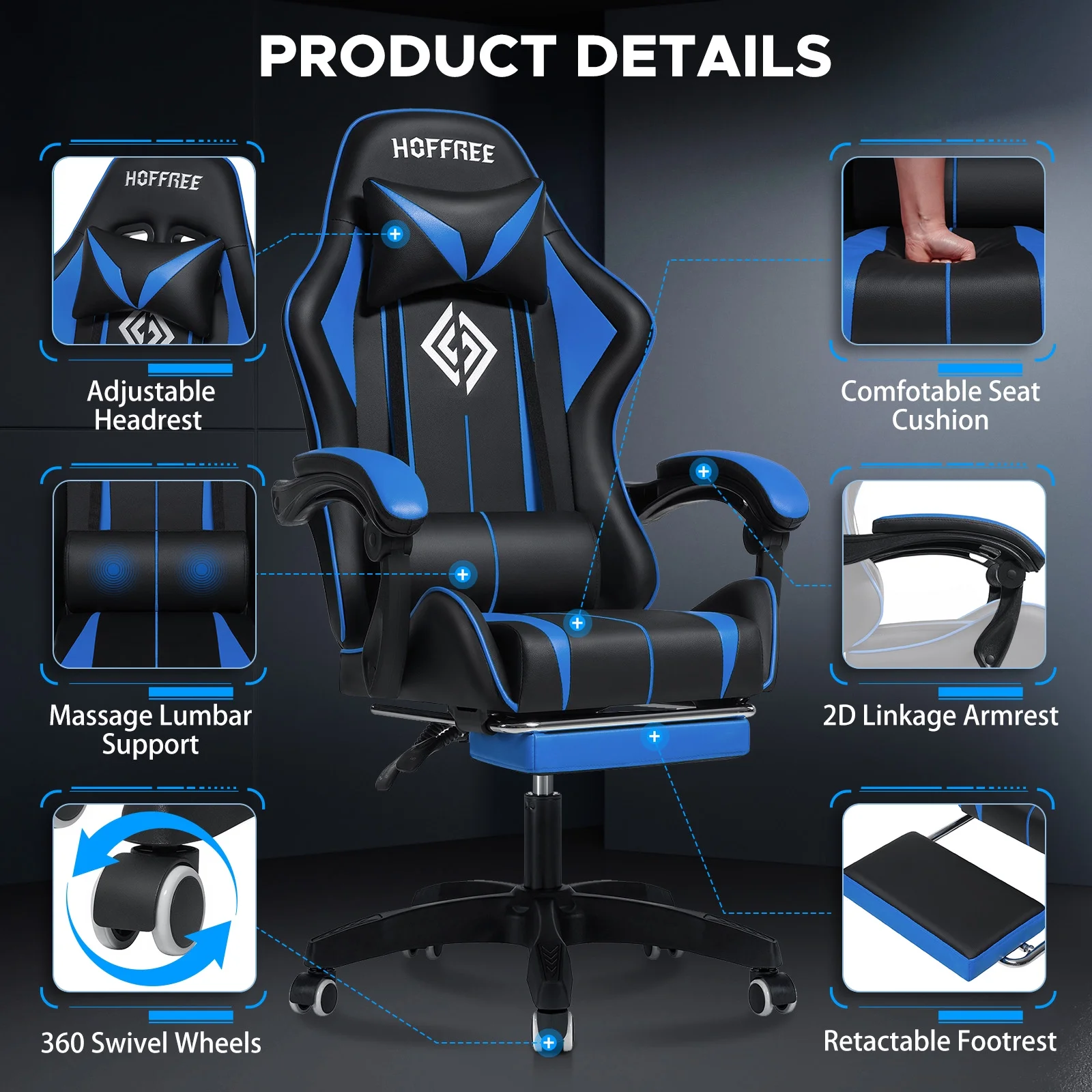 Hoffree Gaming Chair Massage Game Chair with Footrest and Massage Lumbar Support Ergonomic Computer Chair Height Adjustable with Swivel Seat and Headrest