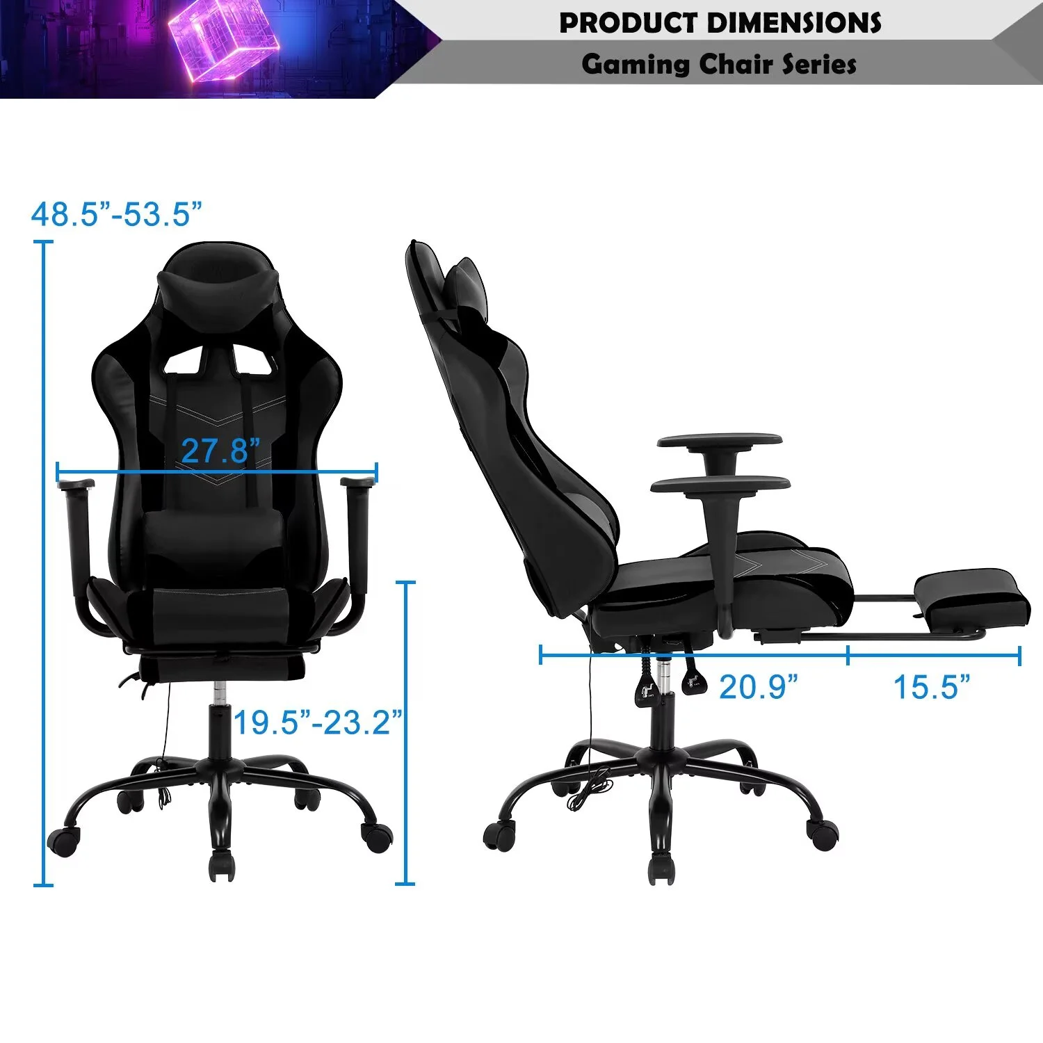 YRLLENSDAN,Gaming Chairs for Adults,Ergonomic Gaming Chair,Desk Chair with Foot Rest,Adjustable,Waist Massage Function,Pu Leather,Black