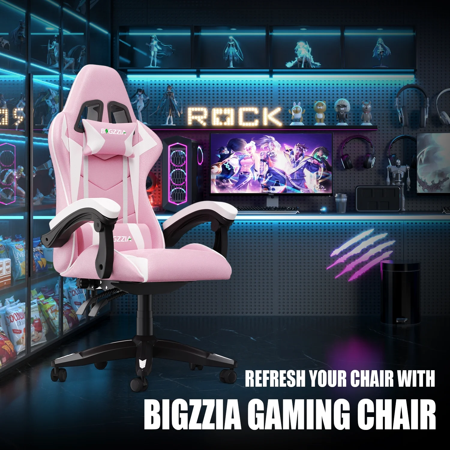 Bigzzia Gaming Chair Office Chair, Ergonomic Game Chair with Height Adjustable Headrest and Lumbar Support for Adults Teens, Black & White