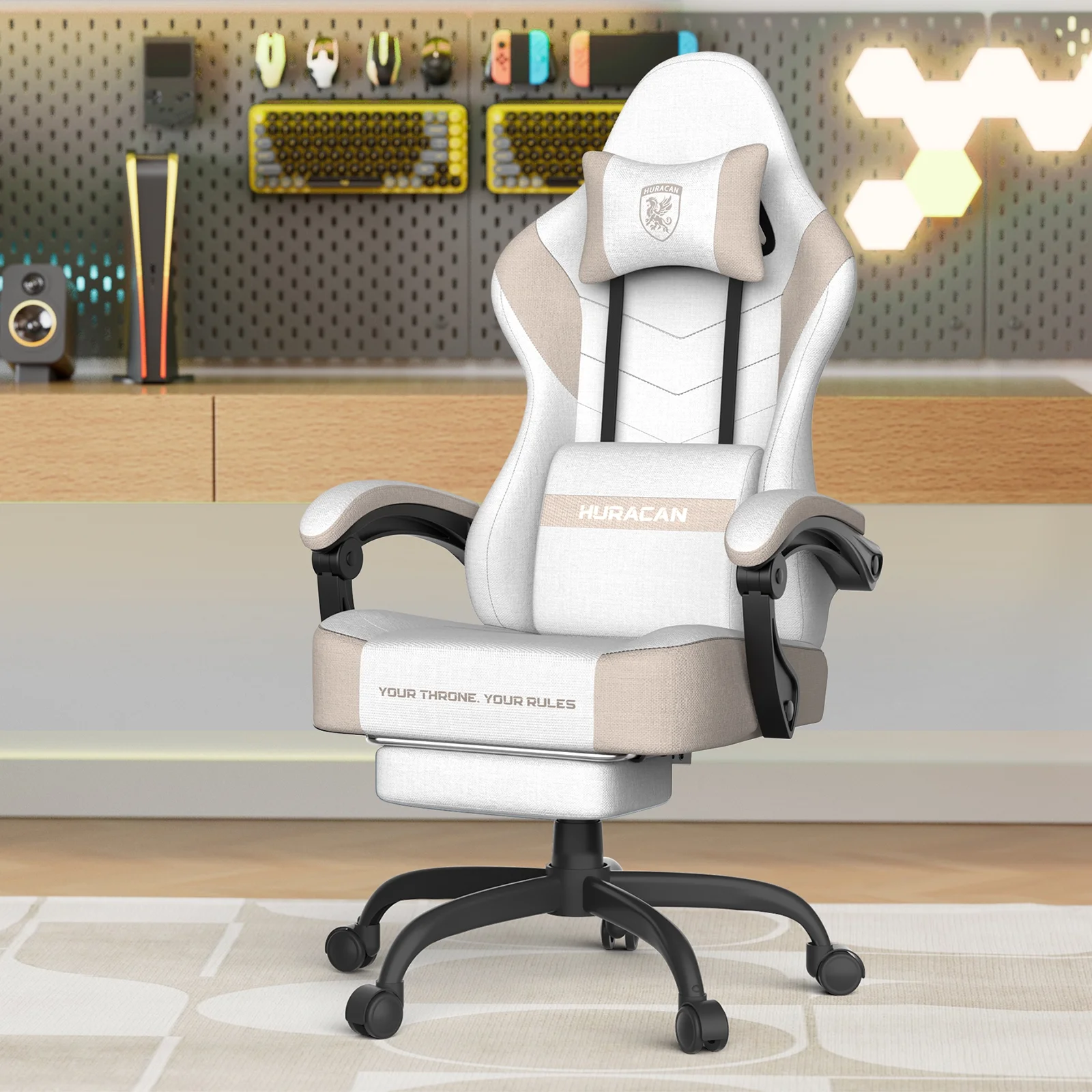 SOONTRANS Gaming Chair for Adults, Ergonomic Linen Fabric Computer Chair with Massage Lumbar Pillow, Gamer Game Chair with Adjustable Headrest, Comfortable Office Chair for Home, White