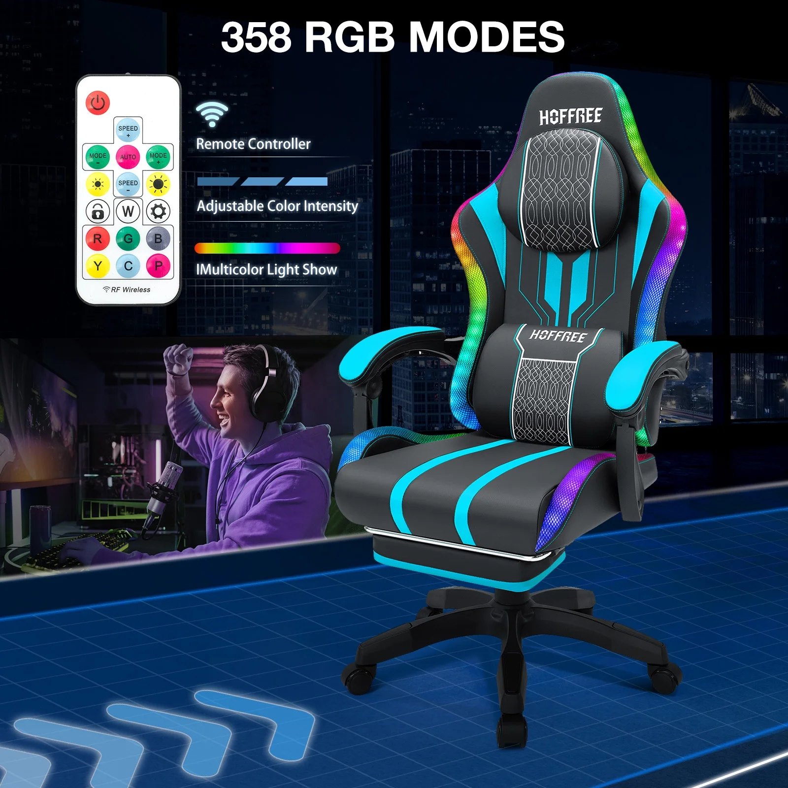 HOFFREE Big and Tall Gaming Chair with Speakers and RGB Lights, Gamer Chair with Footrest, Lumbar Support Height Adjustable 360-Swivel Seat and Headrest for Adults, 400lbs