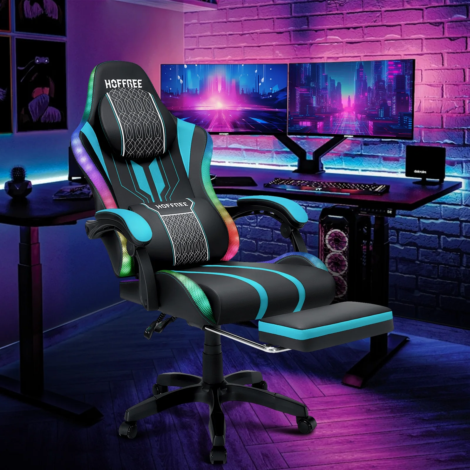 HOFFREE Big and Tall Gaming Chair with Speakers and RGB Lights, Gamer Chair with Footrest, Lumbar Support Height Adjustable 360-Swivel Seat and Headrest for Adults, 400lbs