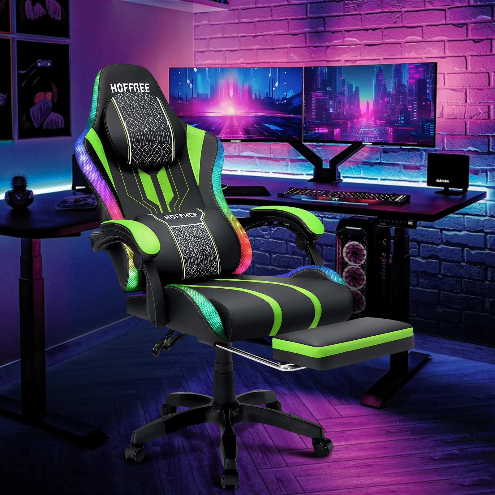 HOFFREE Big and Tall Gaming Chair with Speakers and RGB Lights, Gamer Chair with Footrest, Lumbar Support Height Adjustable 360-Swivel Seat and Headrest for Adults, 400lbs
