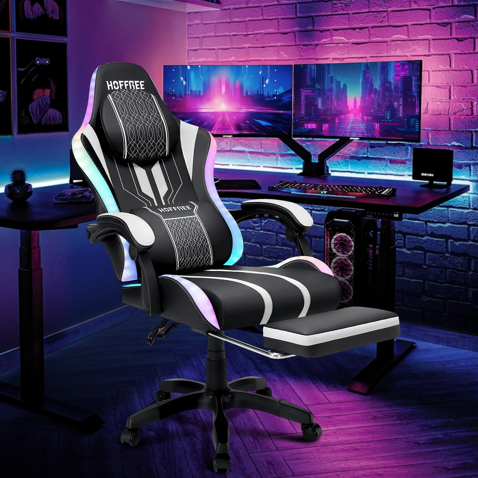 HOFFREE Big and Tall Gaming Chair with Speakers and RGB Lights, Gamer Chair with Footrest, Lumbar Support Height Adjustable 360-Swivel Seat and Headrest for Adults, 400lbs