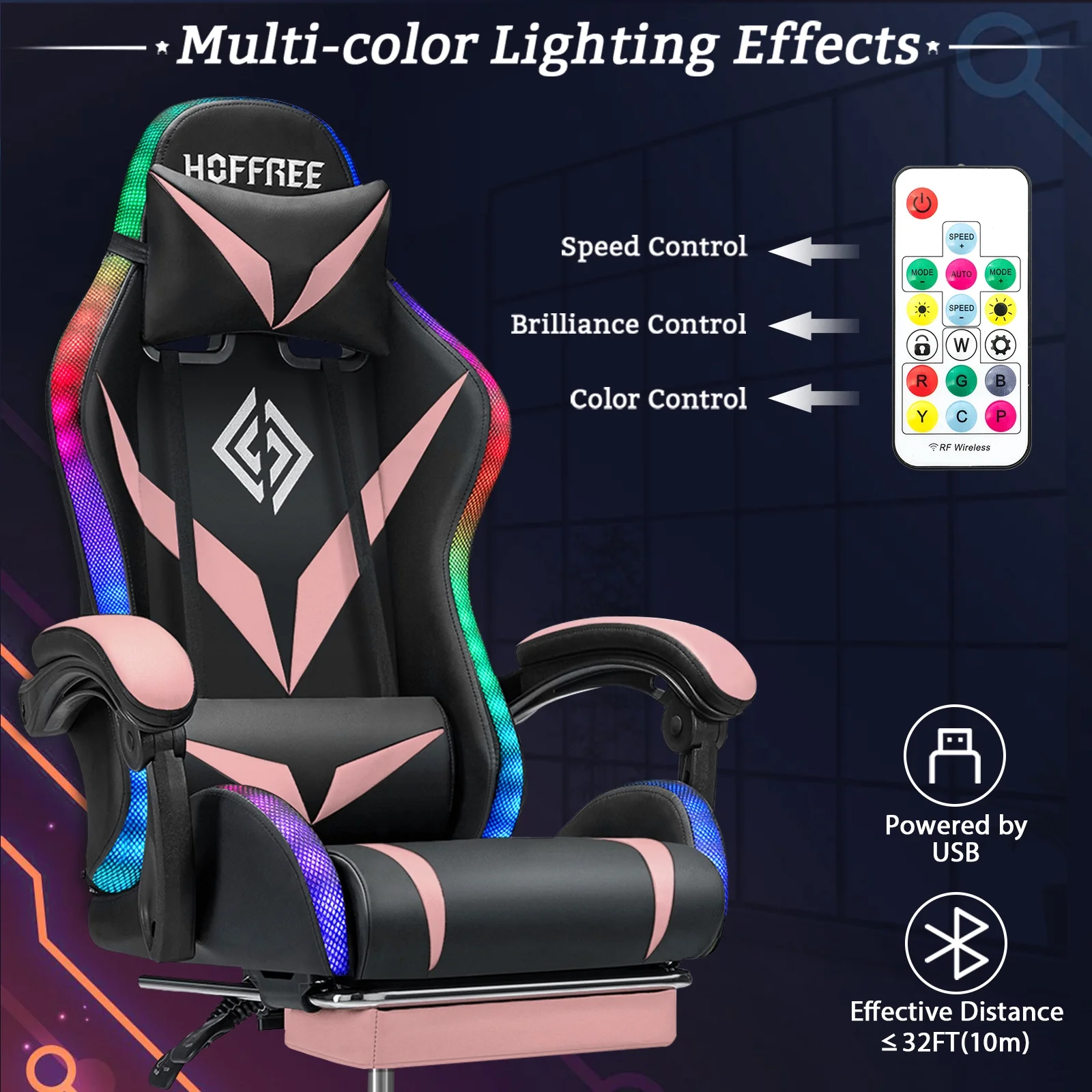 Hoffree Gaming Chair with Speakers PU Leather Office Chair with Footrest and LED Lights Ergonomic Gamer Chair with Massage Lumbar Support and Headrest Adjustable Swivel for Home Office 300lb