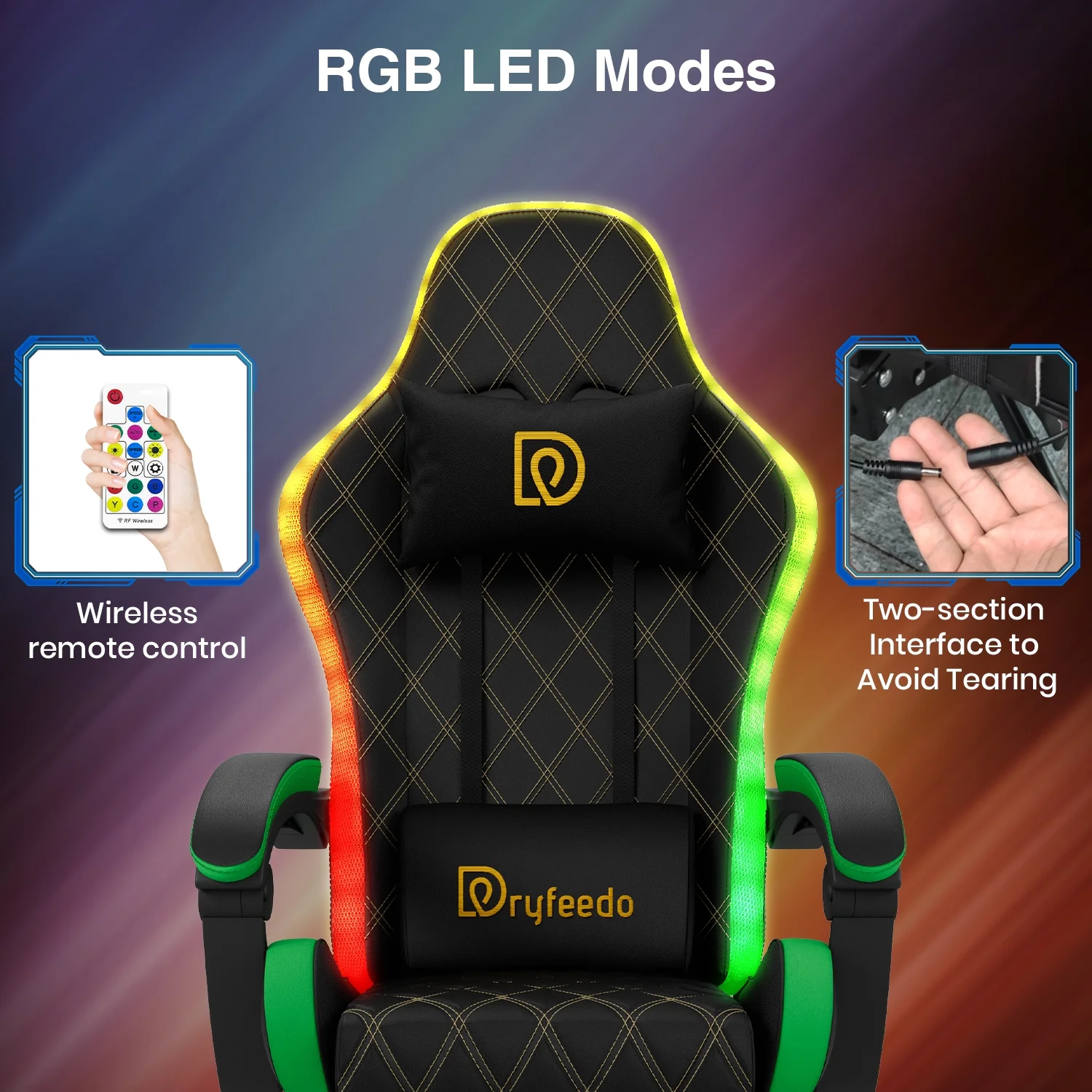 Dryfeedo Gaming Chair with LED Lights, Ergonomic Computer Chair with Lumbar Support, Adjustable Headrest & Footrest, Green