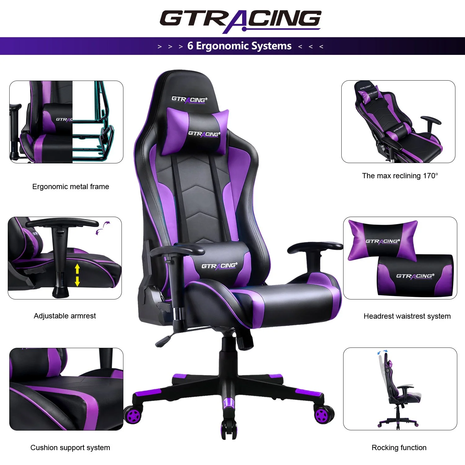 GTPLAYER Gaming Chair with Bluetooth Speakers Home Office Computer Chair, Purple