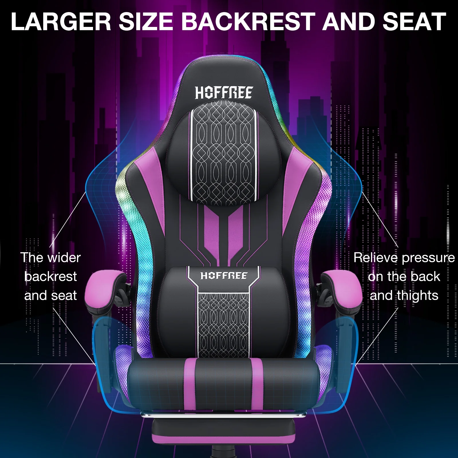 HOFFREE Big and Tall Gaming Chair with Speakers and RGB Lights, Gamer Chair with Footrest, Lumbar Support Height Adjustable 360-Swivel Seat and Headrest for Adults, 400lbs