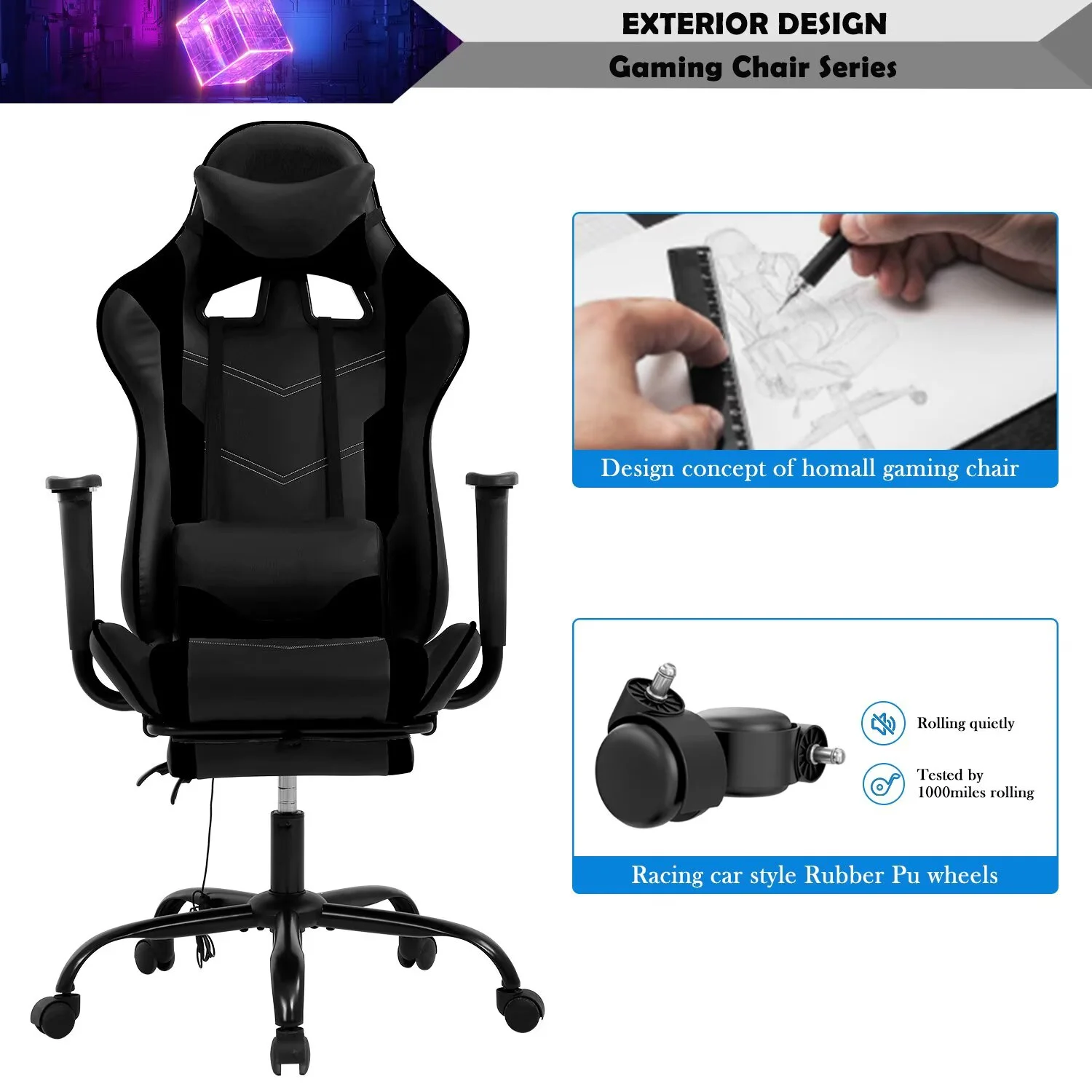YRLLENSDAN,Gaming Chairs for Adults,Ergonomic Gaming Chair,Desk Chair with Foot Rest,Adjustable,Waist Massage Function,Pu Leather,Black