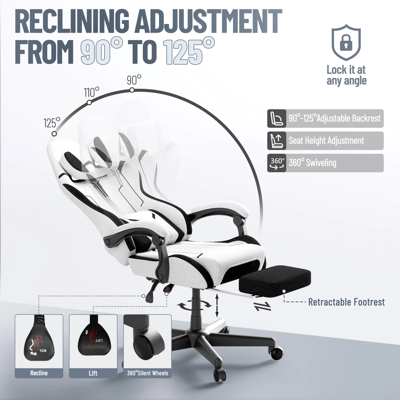 SOONTRANS Gaming Chair for Adults, Velvet Fabric High Back Comfortable Video Game Chair with Footrest and Massage Lumbar Cushion, Racing Computer Desk Chair, Ergonomic Gamer Chair, Black/Grey