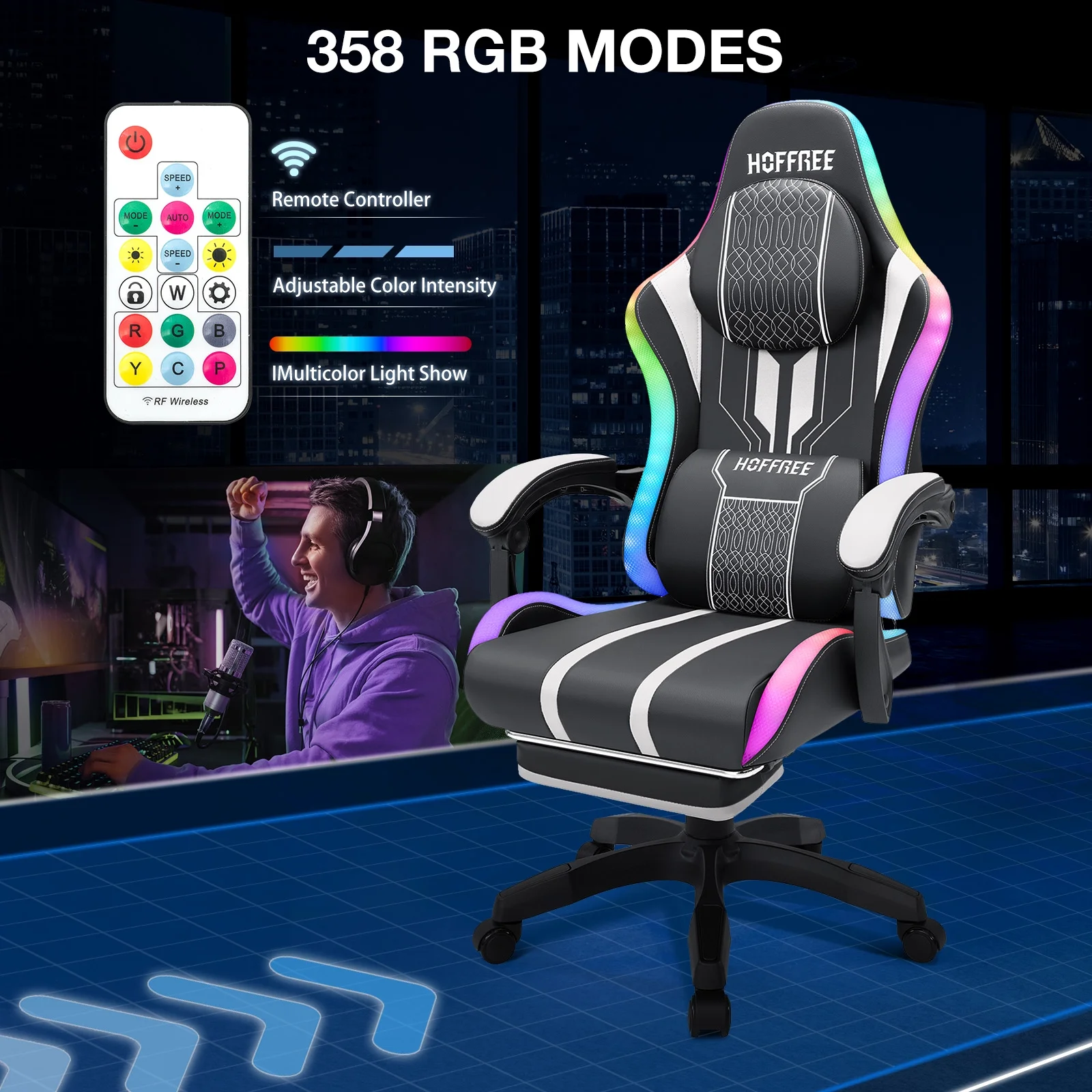 HOFFREE Big and Tall Gaming Chair with Speakers and RGB Lights, Gamer Chair with Footrest, Lumbar Support Height Adjustable 360-Swivel Seat and Headrest for Adults, 400lbs