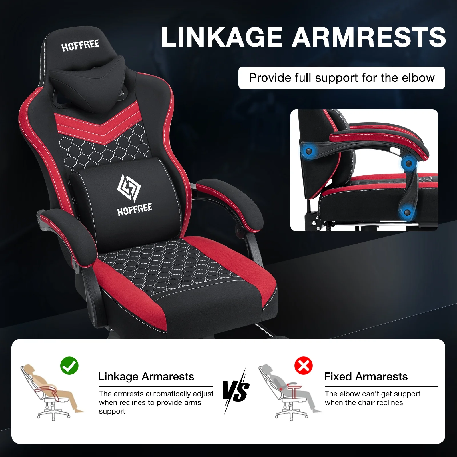 Hoffree Gaming Chair with Speakers Fabric Gamer Chair with footrest and massage Big and Tall Video Game Chair with Headrest and Lumbar Support for Adults