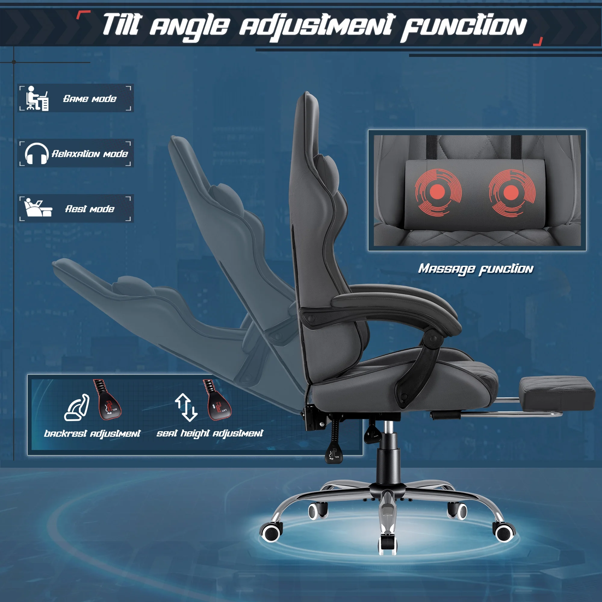 Homall Gaming Chair Fabric Computer Chair Massage Game Chair Cloth Office Chair with Headrest, Lumbar Support & Footrest,Gray