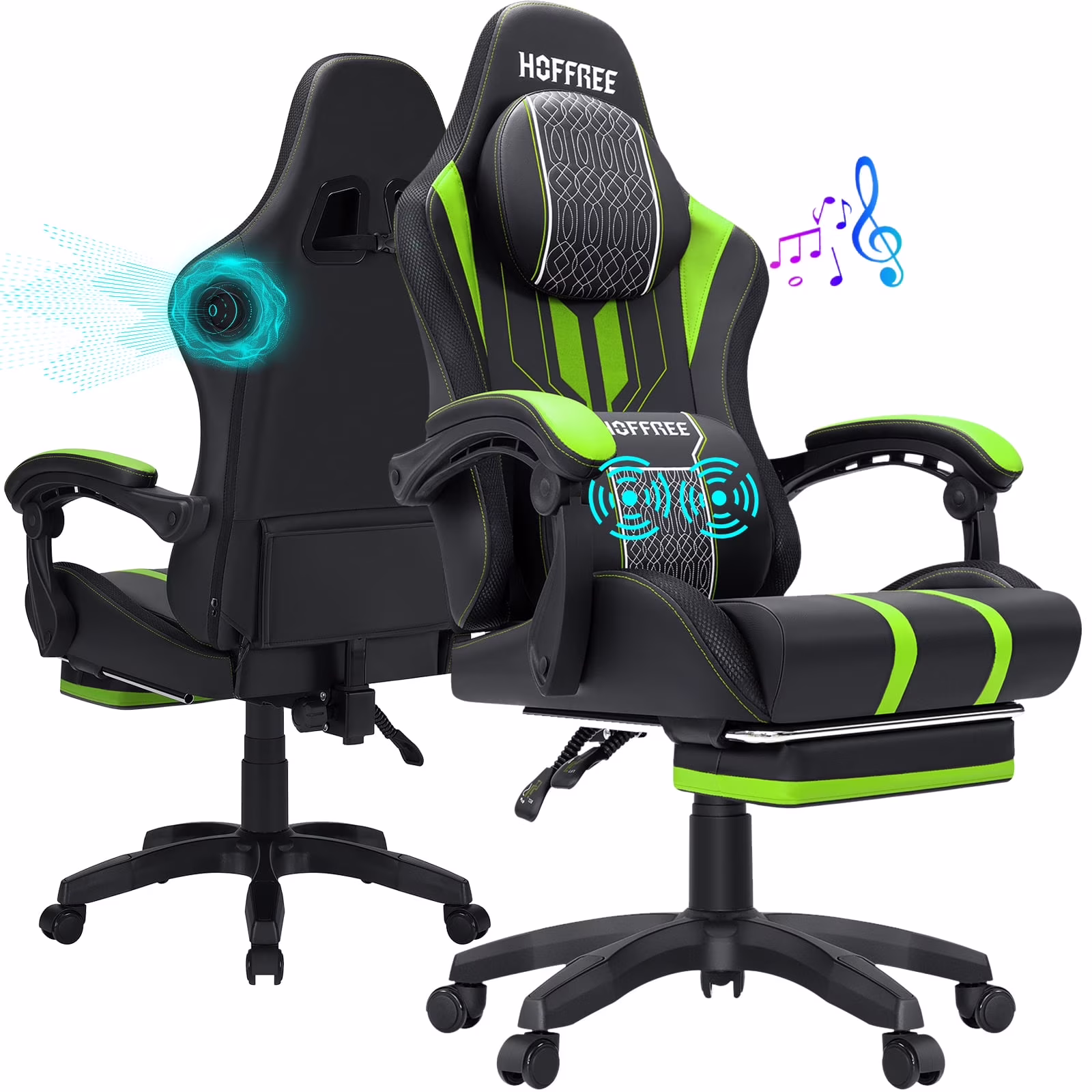 Hoffree Gaming Chair with Bluetooth Speakers Big and Tall Gamer Chair with Footrest and Massage Game Chair with Lumbar Support and 360-Swivel Seat and Headrest for Adults, 400lbs