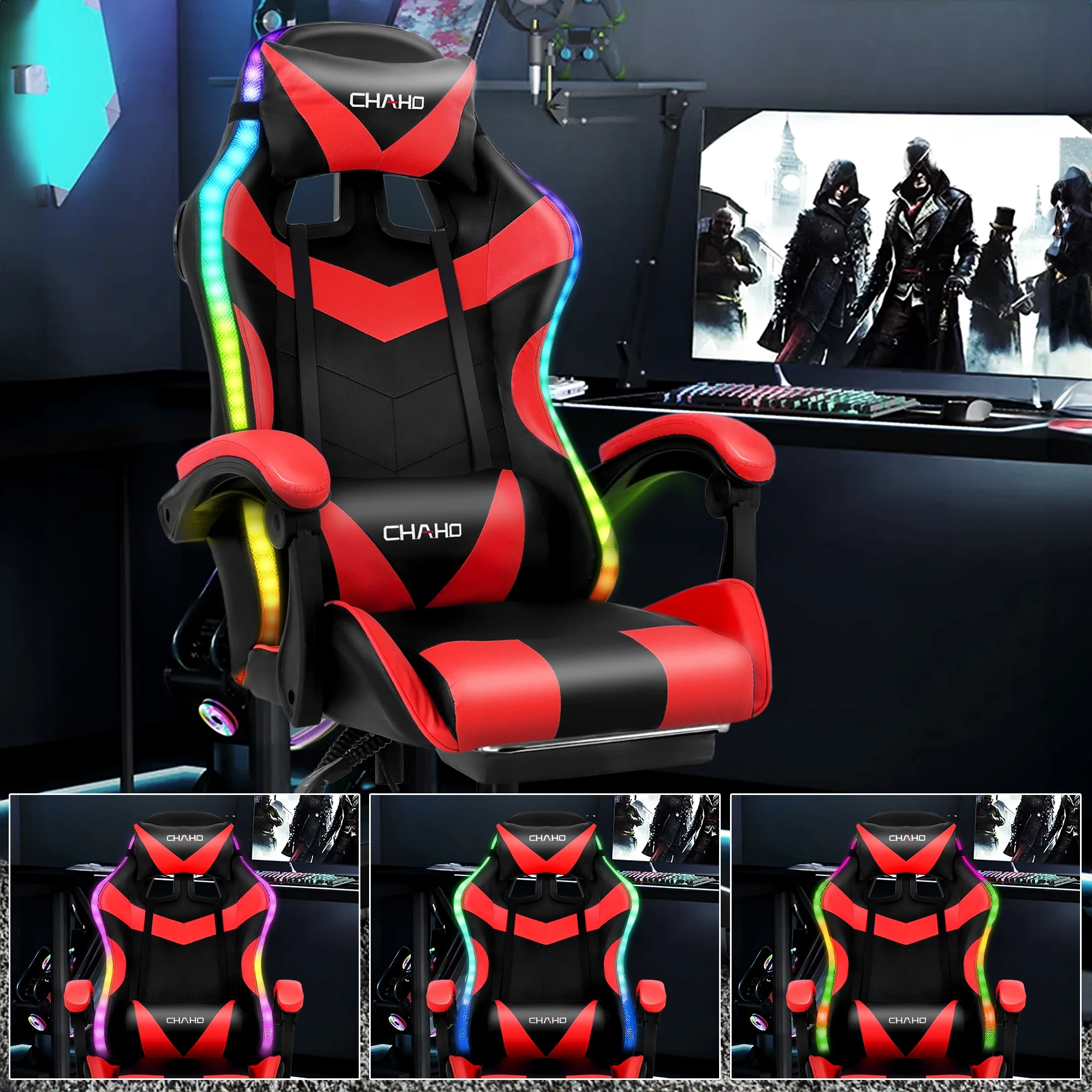 Ergonomic Gaming Chair, CHAHO Gaming Chair with Speaker & LED Lights, Computer Racing Chair for Adults, PU Leather Office Chair with Footrest Lumbar Support Headrest, Red