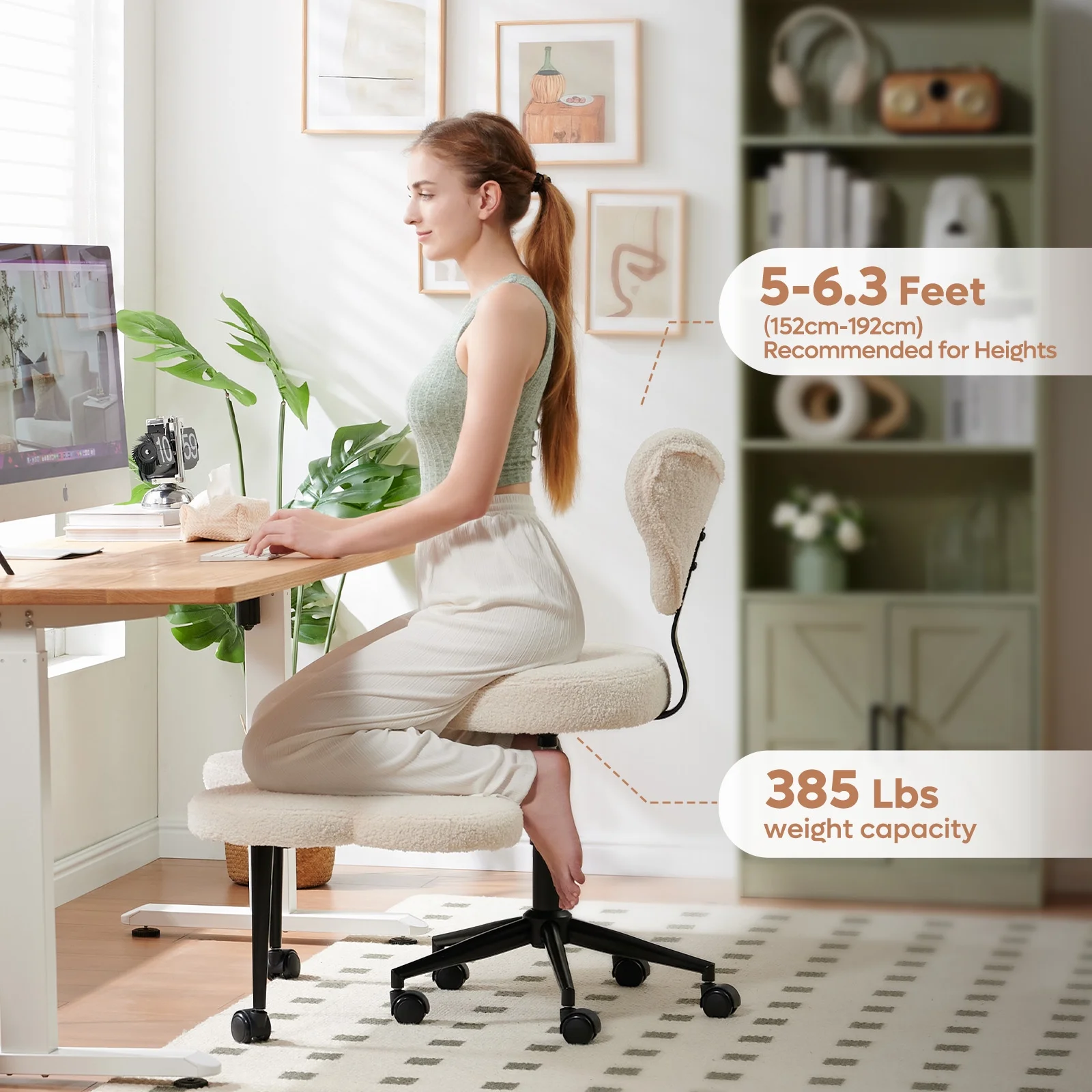 Pinmoco Ergonomic Cross Legged Swivel Chair, Adjustable Height and Teddy Fabric, Meditation& ADHD Chair with Back Support, Home and Office, Off White