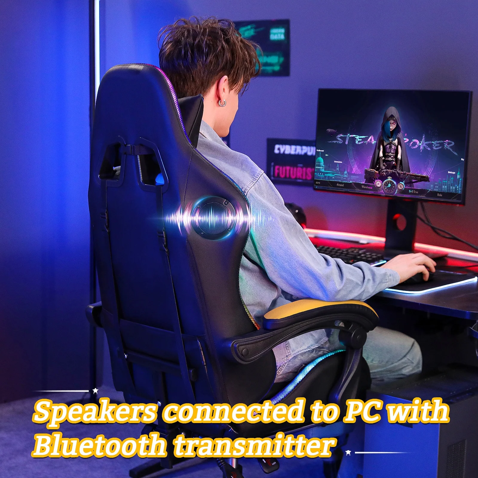 Hoffree Gaming Chair with Speakers PU Leather Office Chair with Footrest and LED Lights Ergonomic Gamer Chair with Massage Lumbar Support and Headrest Adjustable Swivel for Home Office 300lb