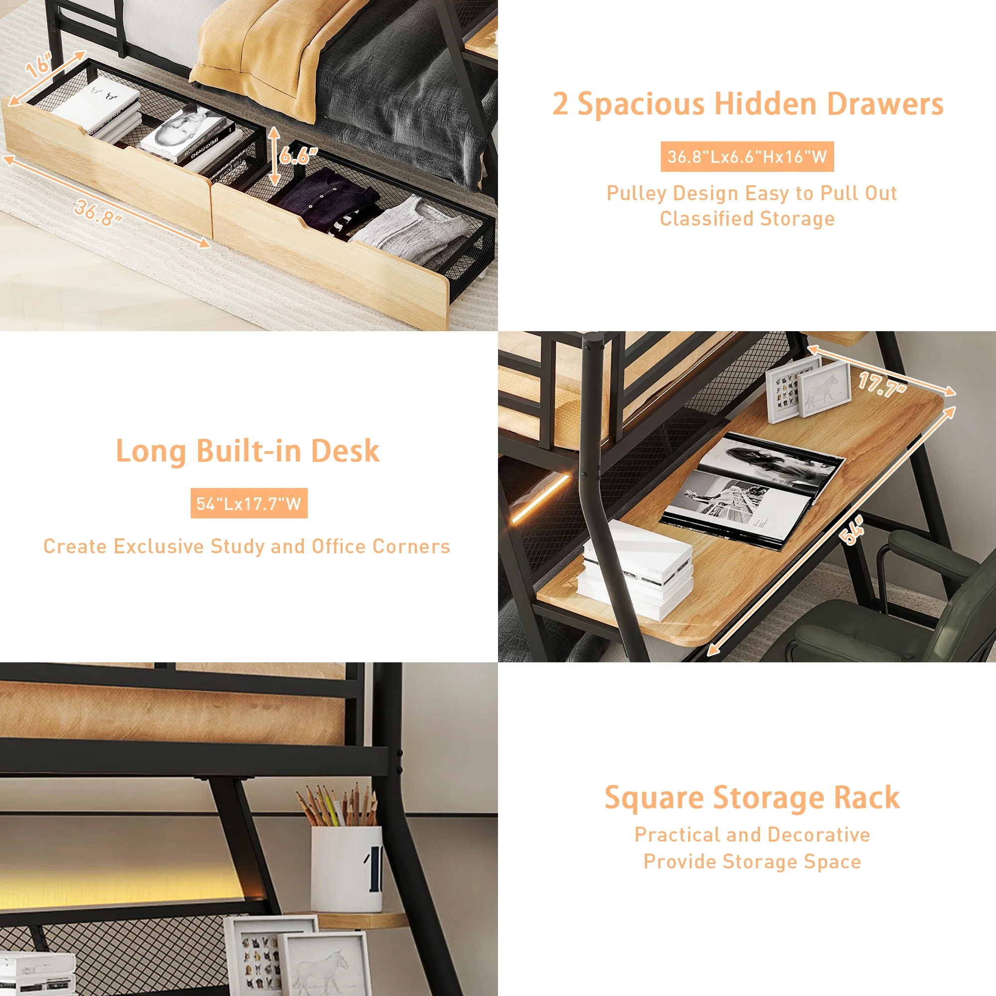 Kumix Gaming Bunk Bed with Desk, LED Light, Full over Full Bunk Bed with 2 Drawers, Ladder and Full Length Guardrail for Teens and Adults, Metal Full Size Bunk Bed Frame for Bedroom, Black