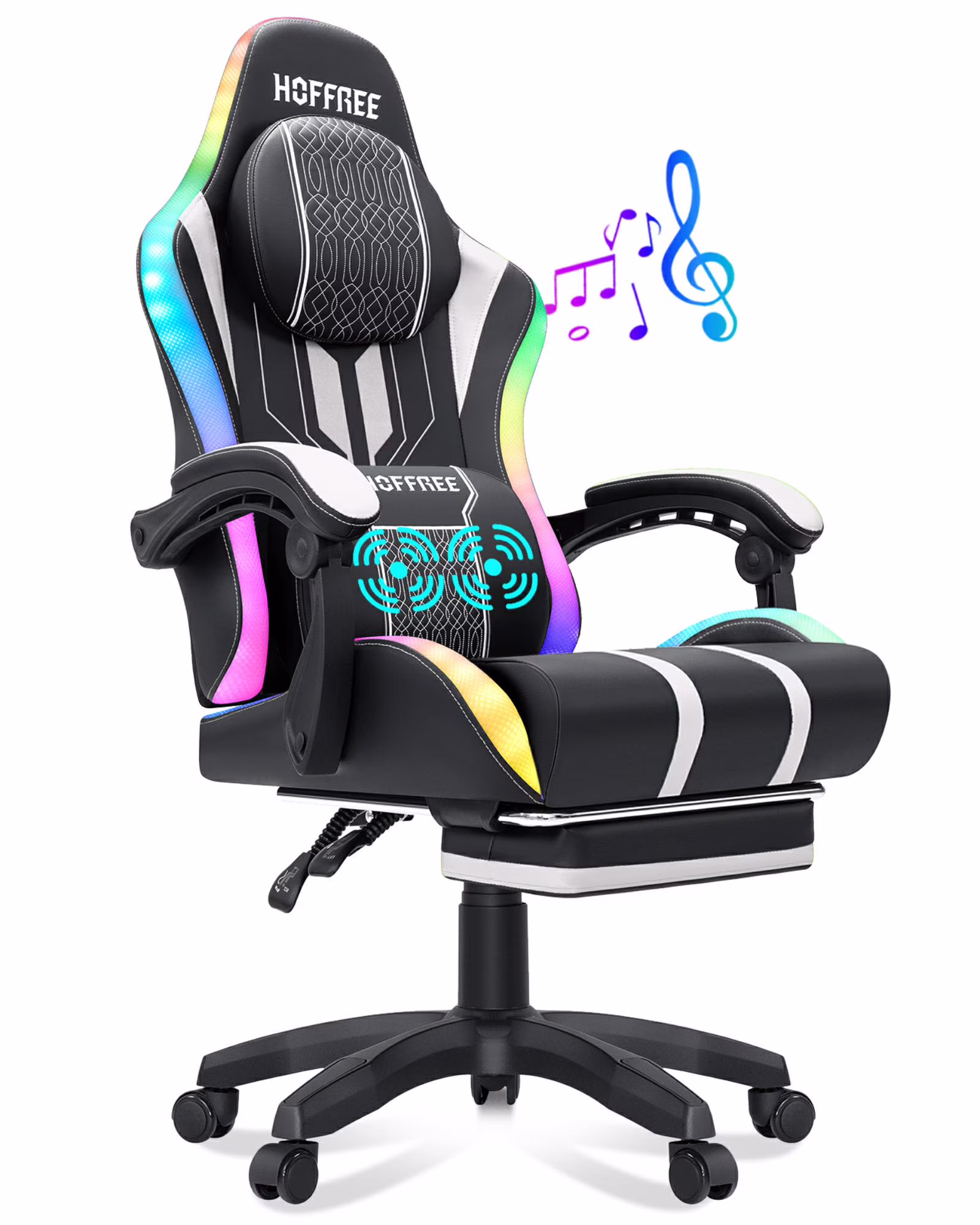 HOFFREE Big and Tall Gaming Chair with Speakers and RGB Lights, Gamer Chair with Footrest, Lumbar Support Height Adjustable 360-Swivel Seat and Headrest for Adults, 400lbs