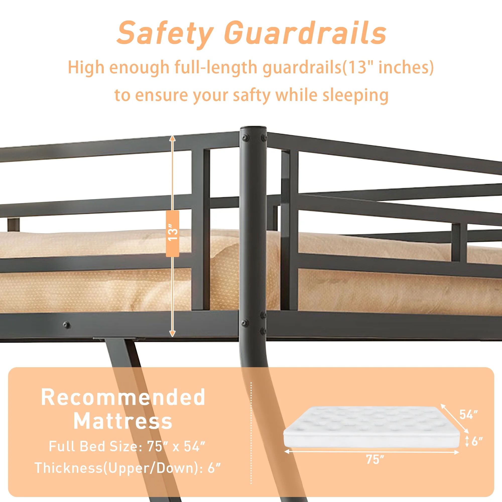 Kumix Gaming Bunk Bed with Desk, LED Light, Full over Full Bunk Bed with 2 Drawers, Ladder and Full Length Guardrail for Teens and Adults, Metal Full Size Bunk Bed Frame for Bedroom, Black