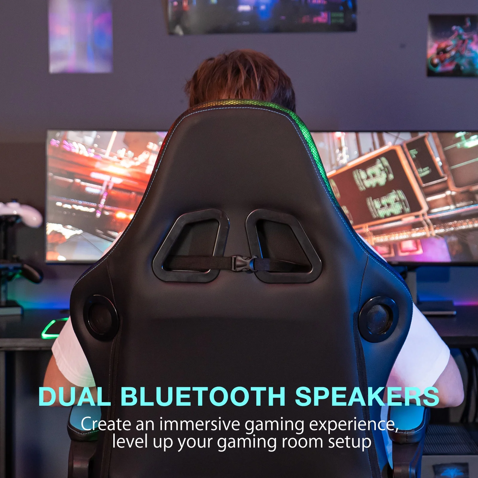 HOFFREE Big and Tall Gaming Chair with Speakers and RGB Lights, Gamer Chair with Footrest, Lumbar Support Height Adjustable 360-Swivel Seat and Headrest for Adults, 400lbs