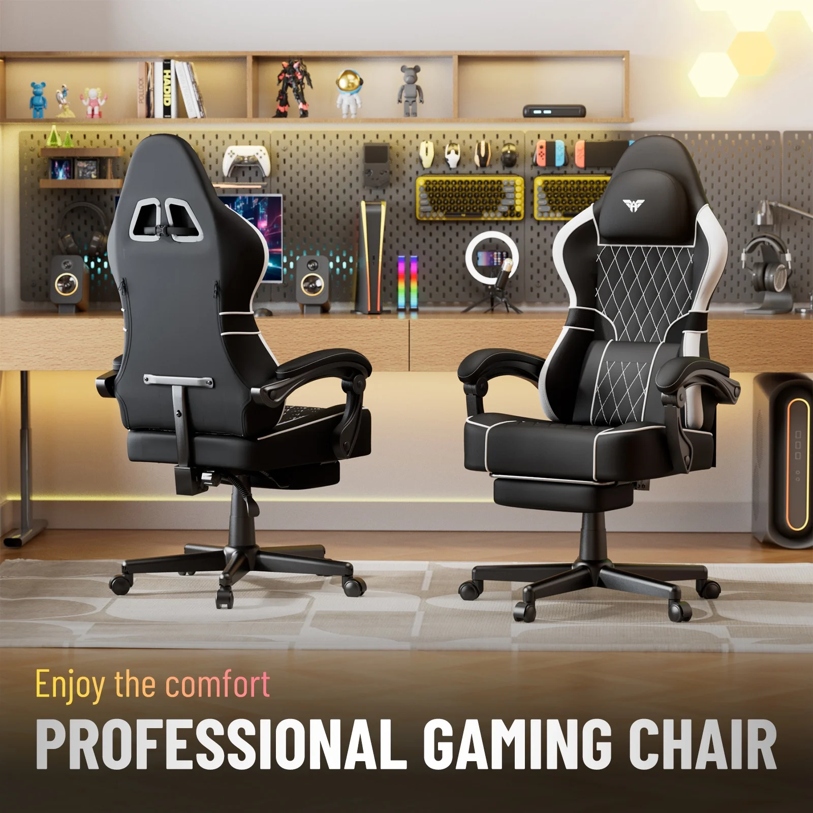 SOONTRANS Gaming Chair for Adults, Velvet Fabric High Back Comfortable Video Game Chair with Footrest and Massage Lumbar Cushion, Racing Computer Desk Chair, Ergonomic Gamer Chair, Black/Grey