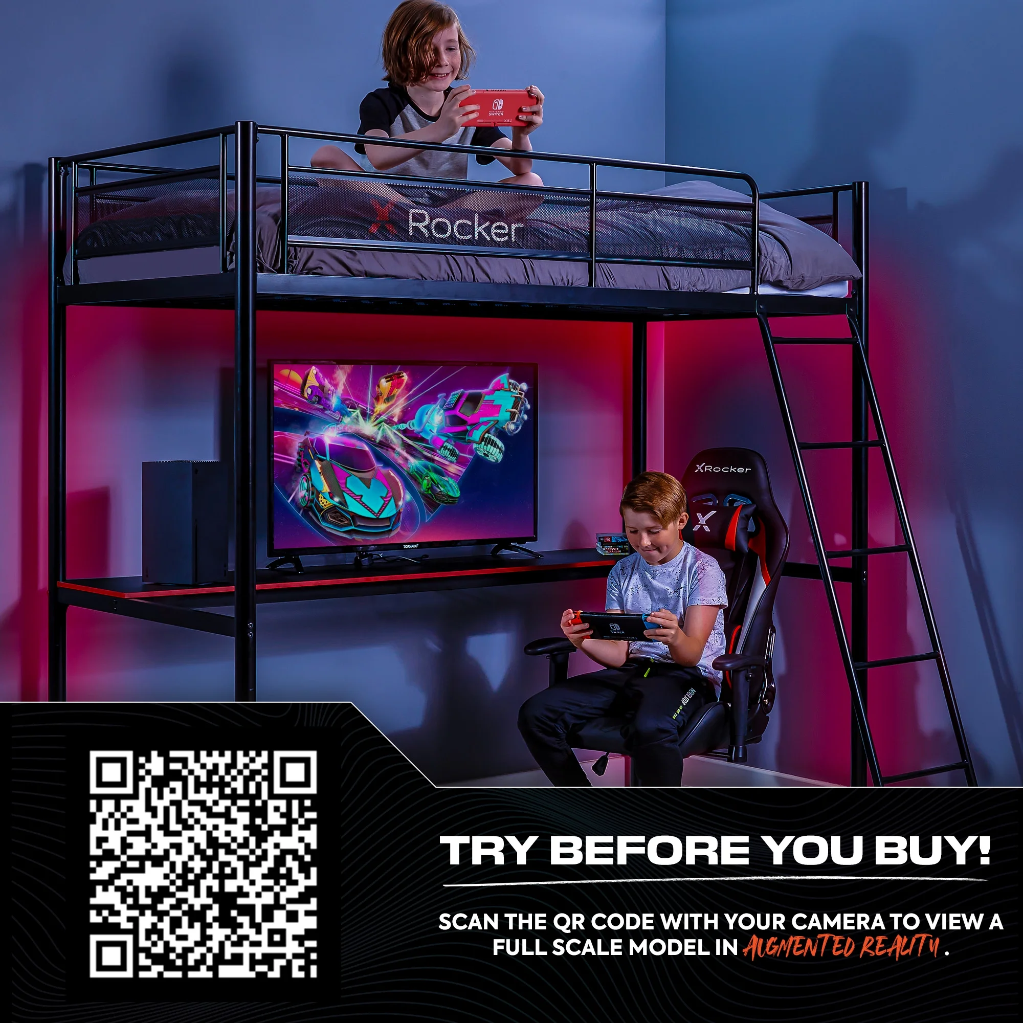 X Rocker HQ Gaming Bunk Bed with LED Lighting, Black, Twin