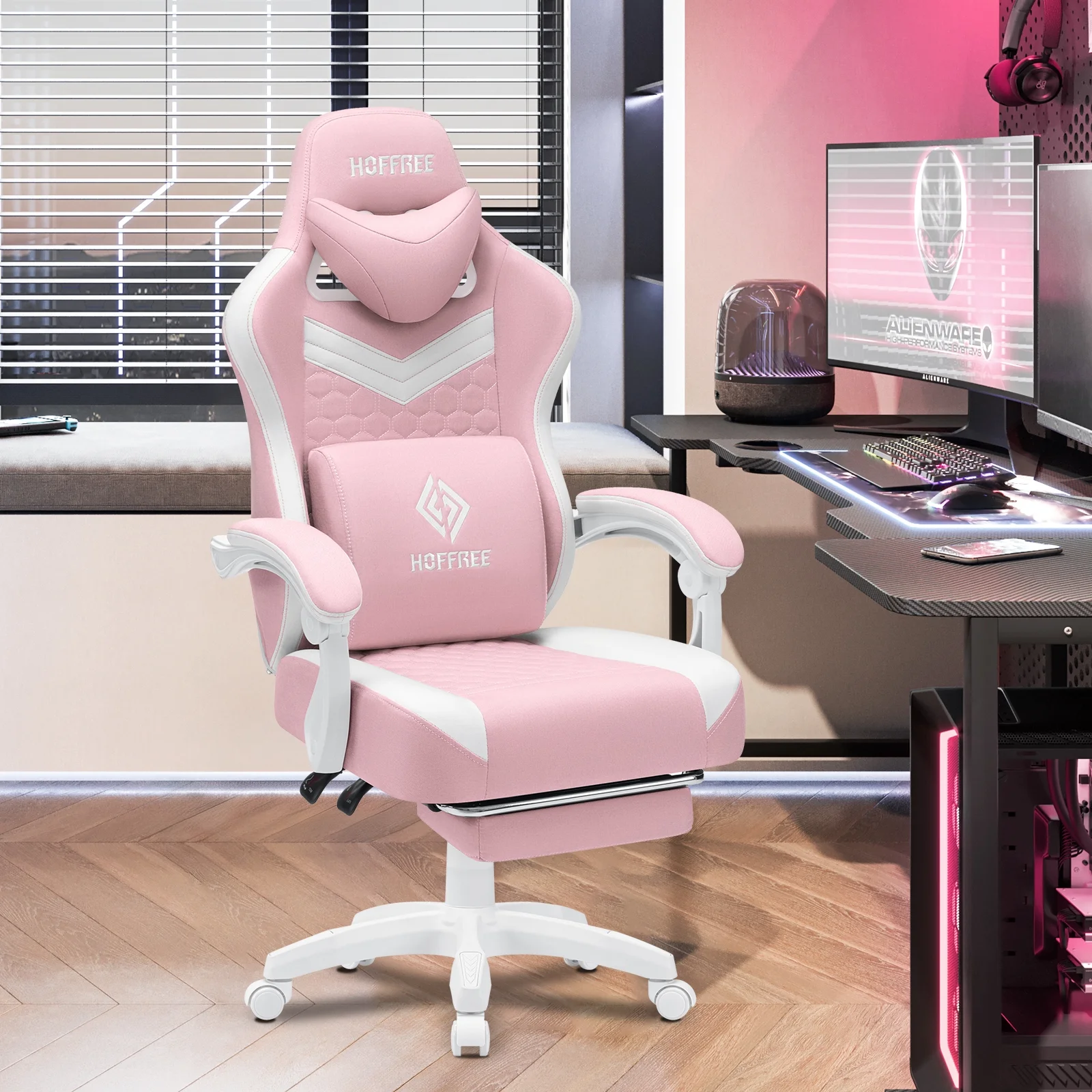 Hoffree Gaming Chair with Speakers Fabric Gamer Chair with footrest and massage Big and Tall Video Game Chair with Headrest and Lumbar Support for Adults