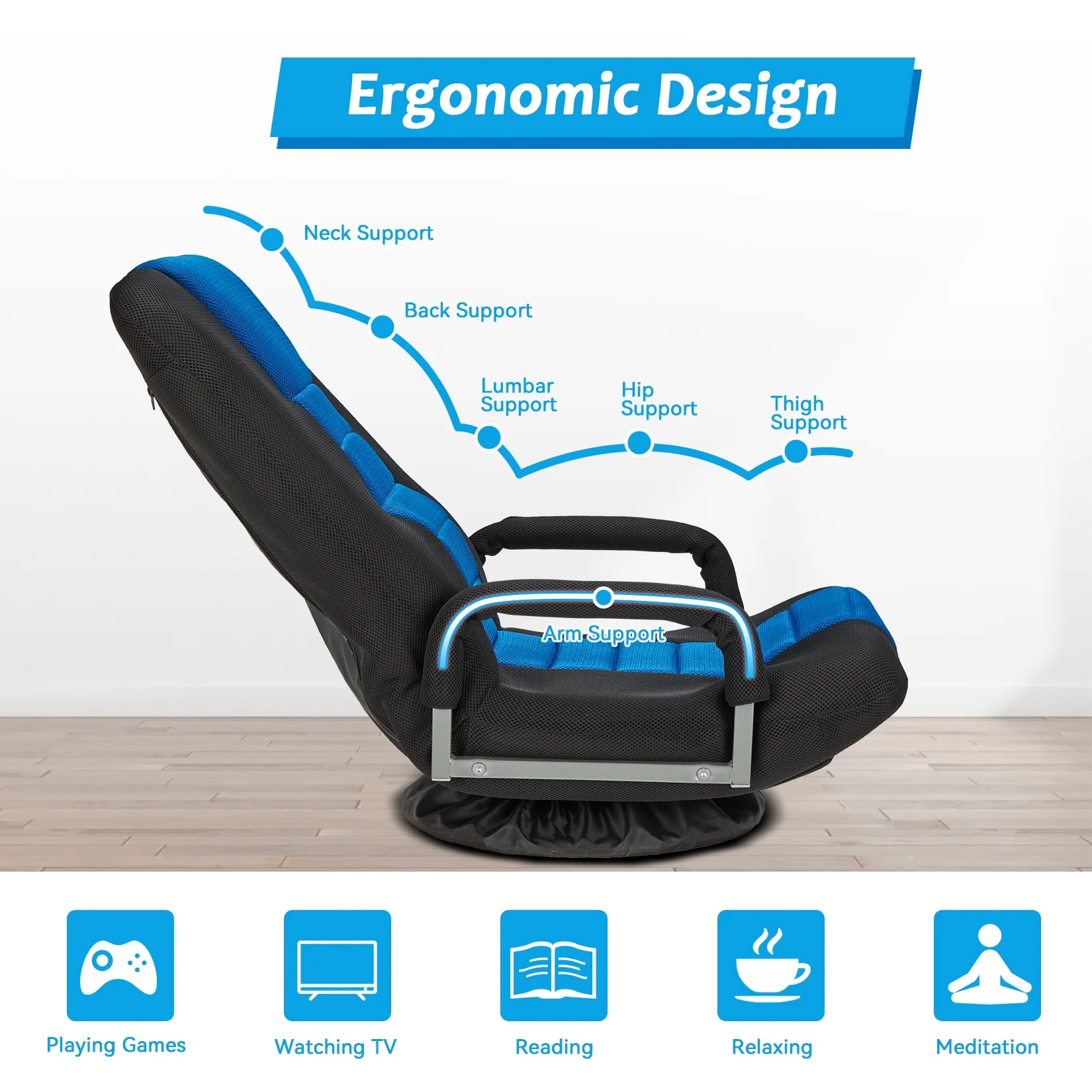 Avocahom Swivel Gaming Floor Chair w/ Armrest Handles, No Assembly gaming chair rocker, Folding Reclining Sofa w/6 Position Adjustable Backrest for Video Games, Watching TV, Reading,Blue