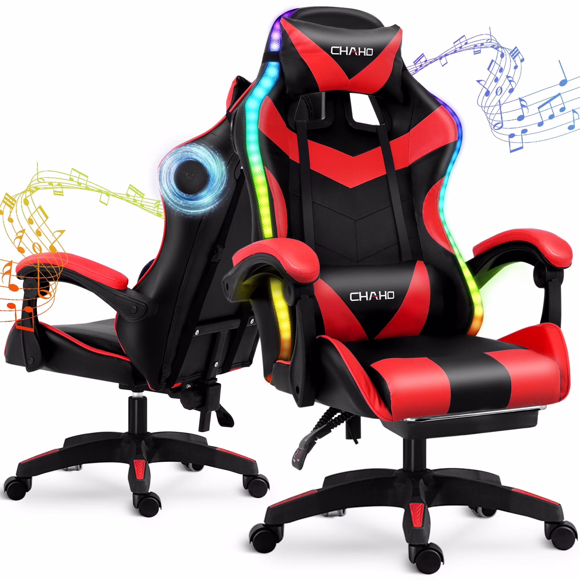Ergonomic Gaming Chair, CHAHO Gaming Chair with Speaker & LED Lights, Computer Racing Chair for Adults, PU Leather Office Chair with Footrest Lumbar Support Headrest, Red