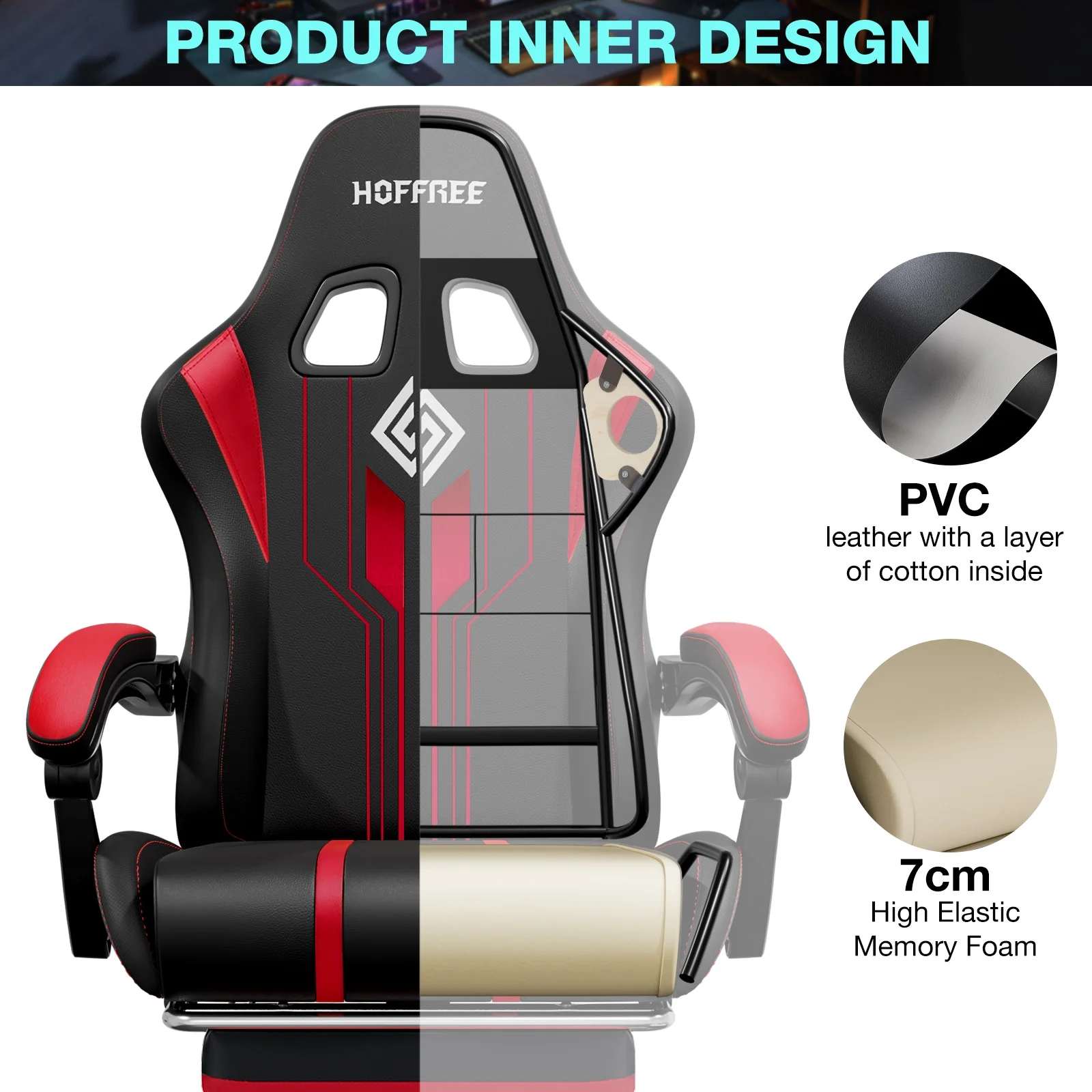 HOFFREE Big and Tall Gaming Chair with Speakers and RGB Lights, Gamer Chair with Footrest, Lumbar Support Height Adjustable 360-Swivel Seat and Headrest for Adults, 400lbs